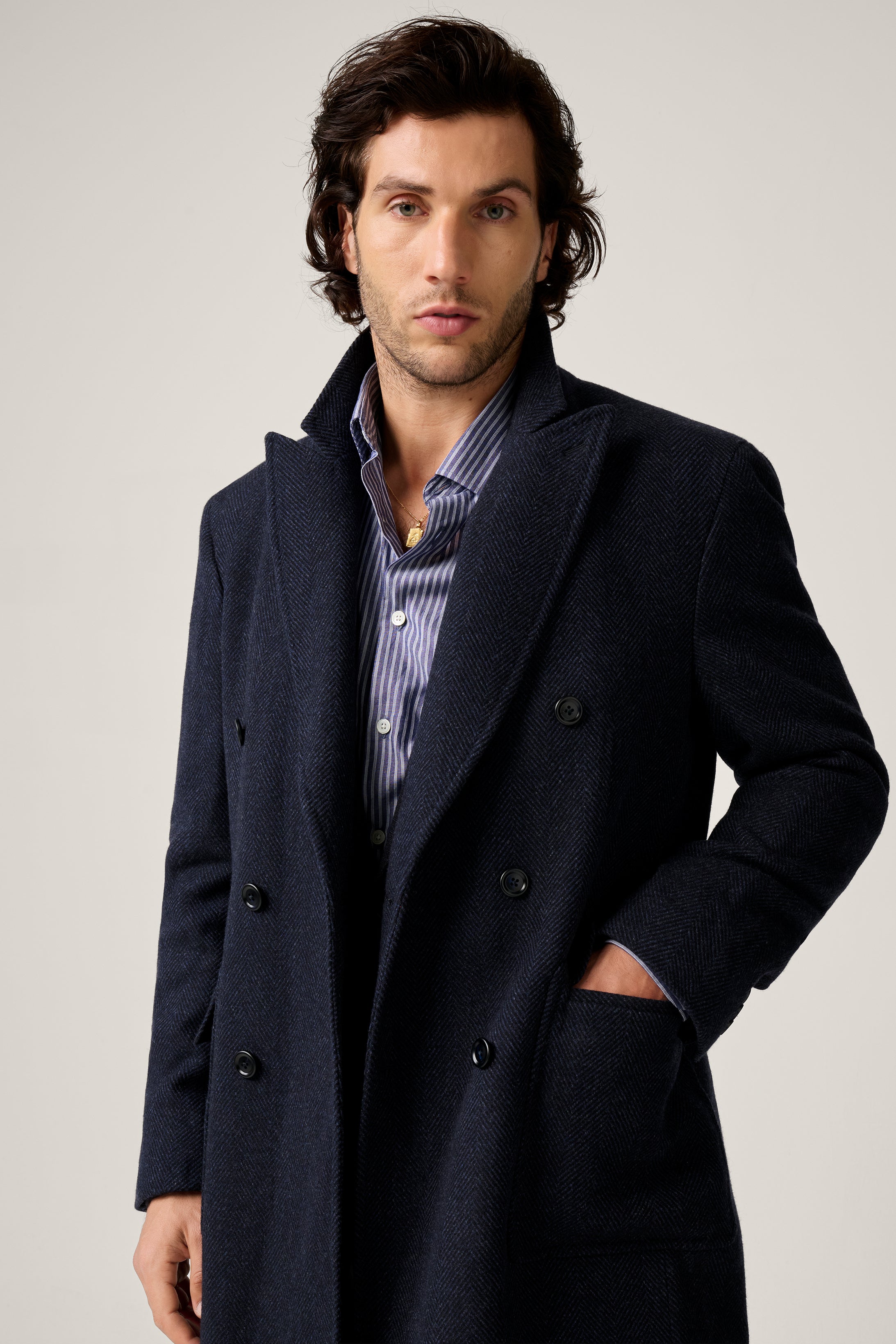 Kyneton Double-Breasted Italian Wool/Cashmere Overcoat - Navy Herringbone