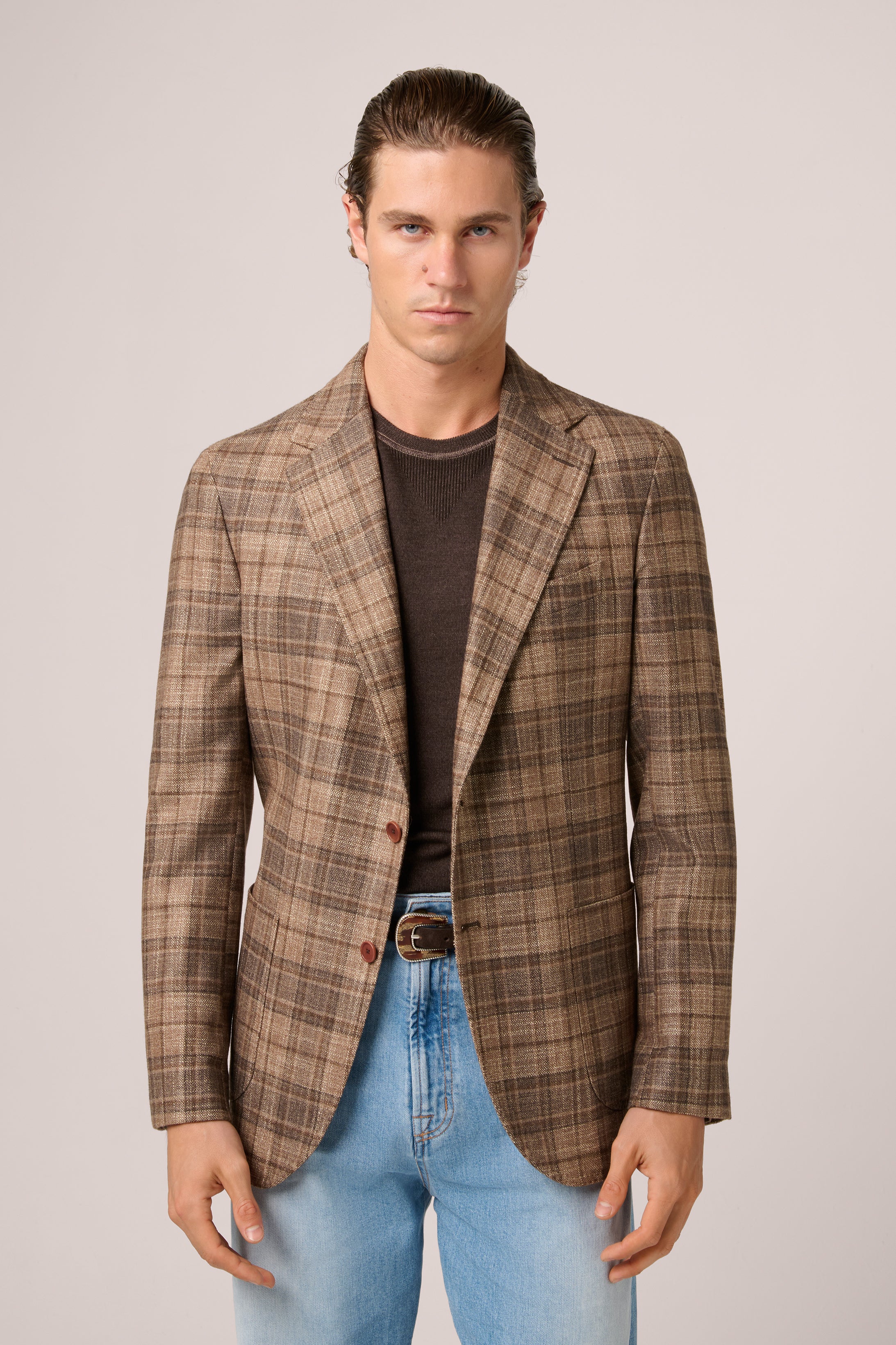 Naples Blazer - Wool, Silk & Cashmere - Light Brown Madras Check