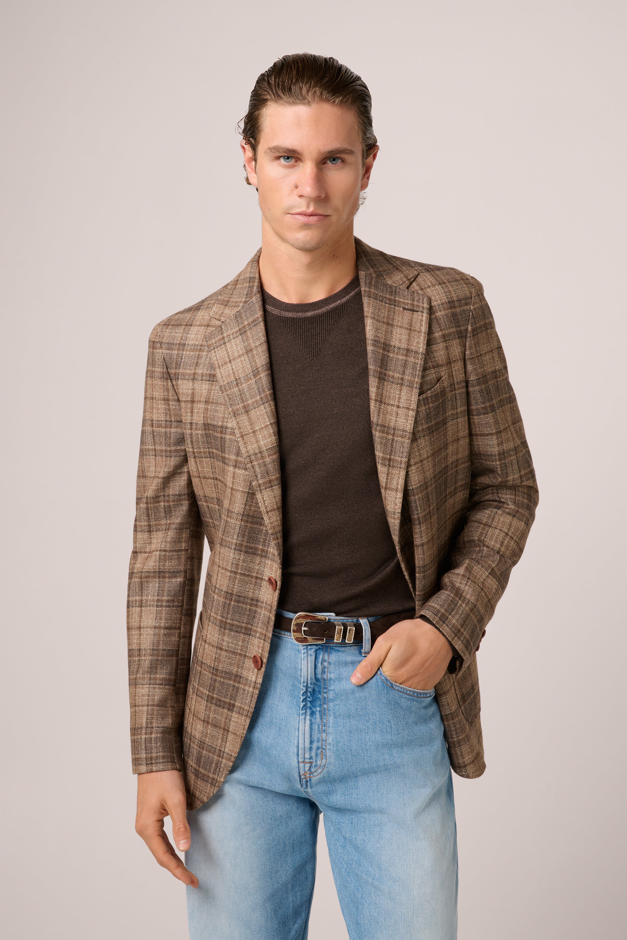 Naples Blazer - Wool, Silk & Cashmere - Light Brown Madras Check
