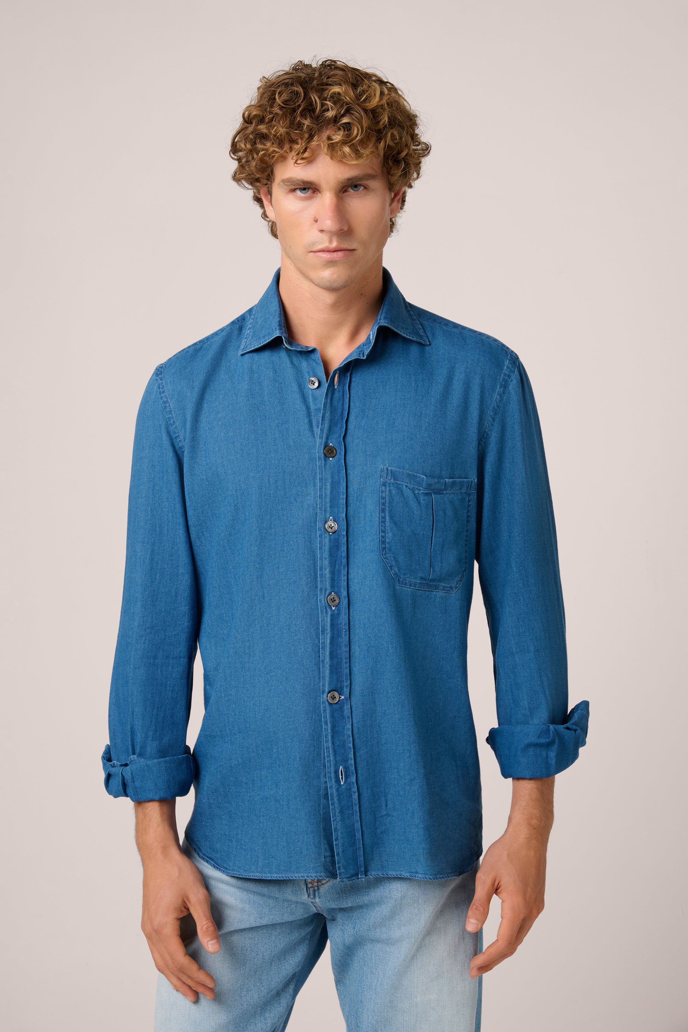Naples Denim Shirt - Cotton - Washed Mid Blue