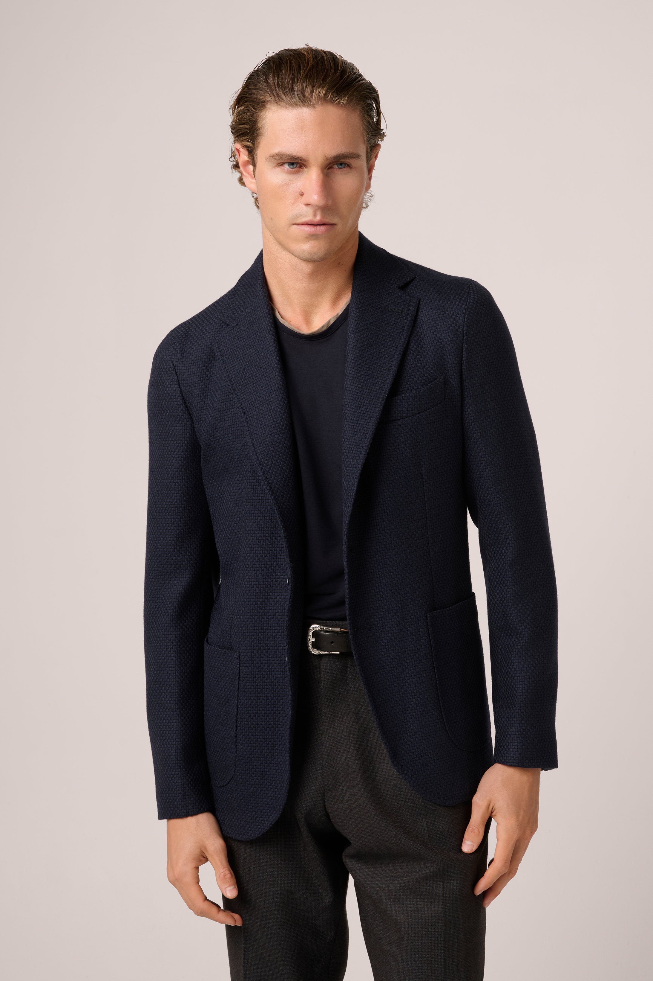 Naples Blazer - Woven Wool Jersey - Navy Blue