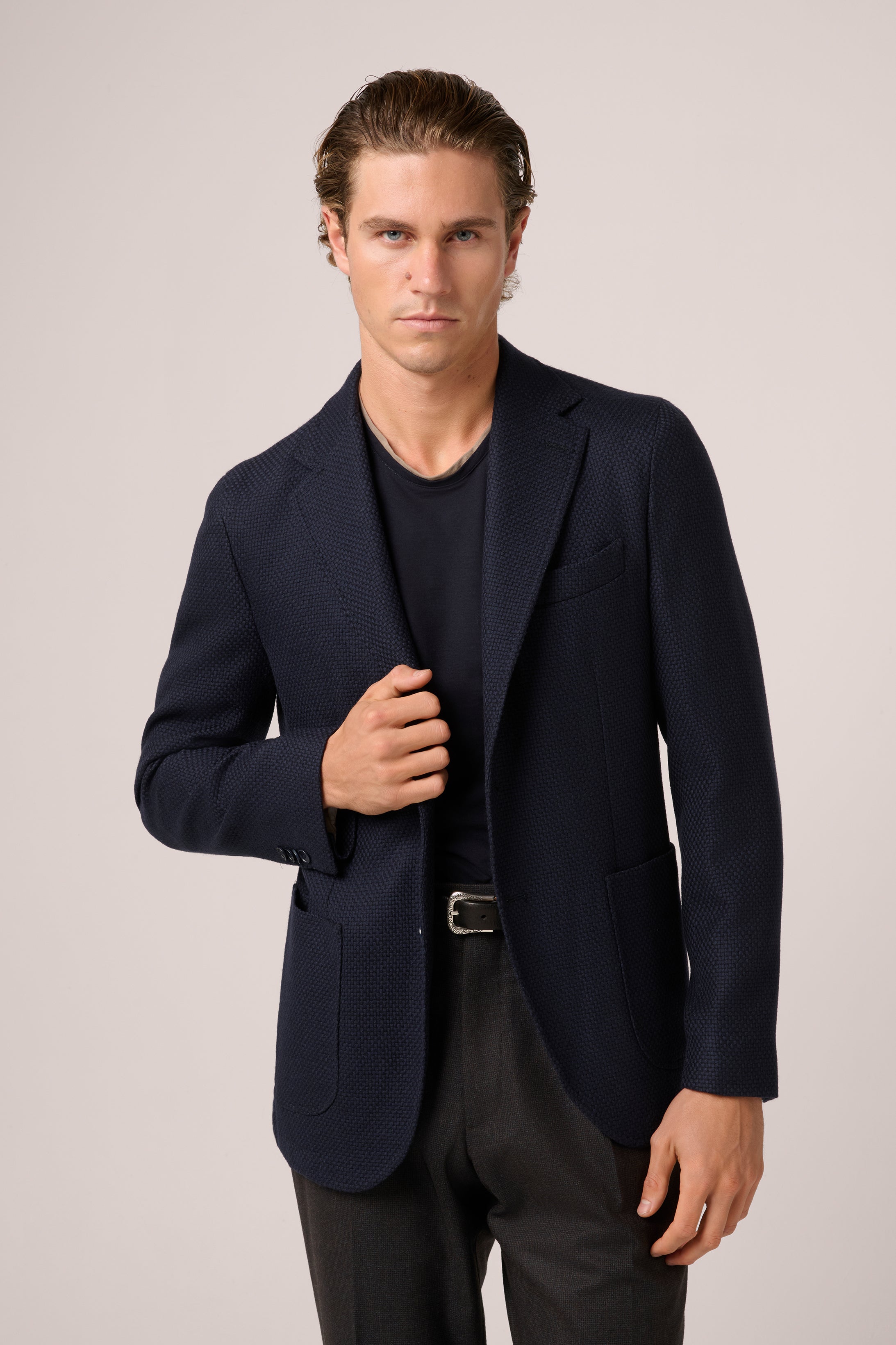 Naples Blazer - Woven Wool Jersey - Navy Blue