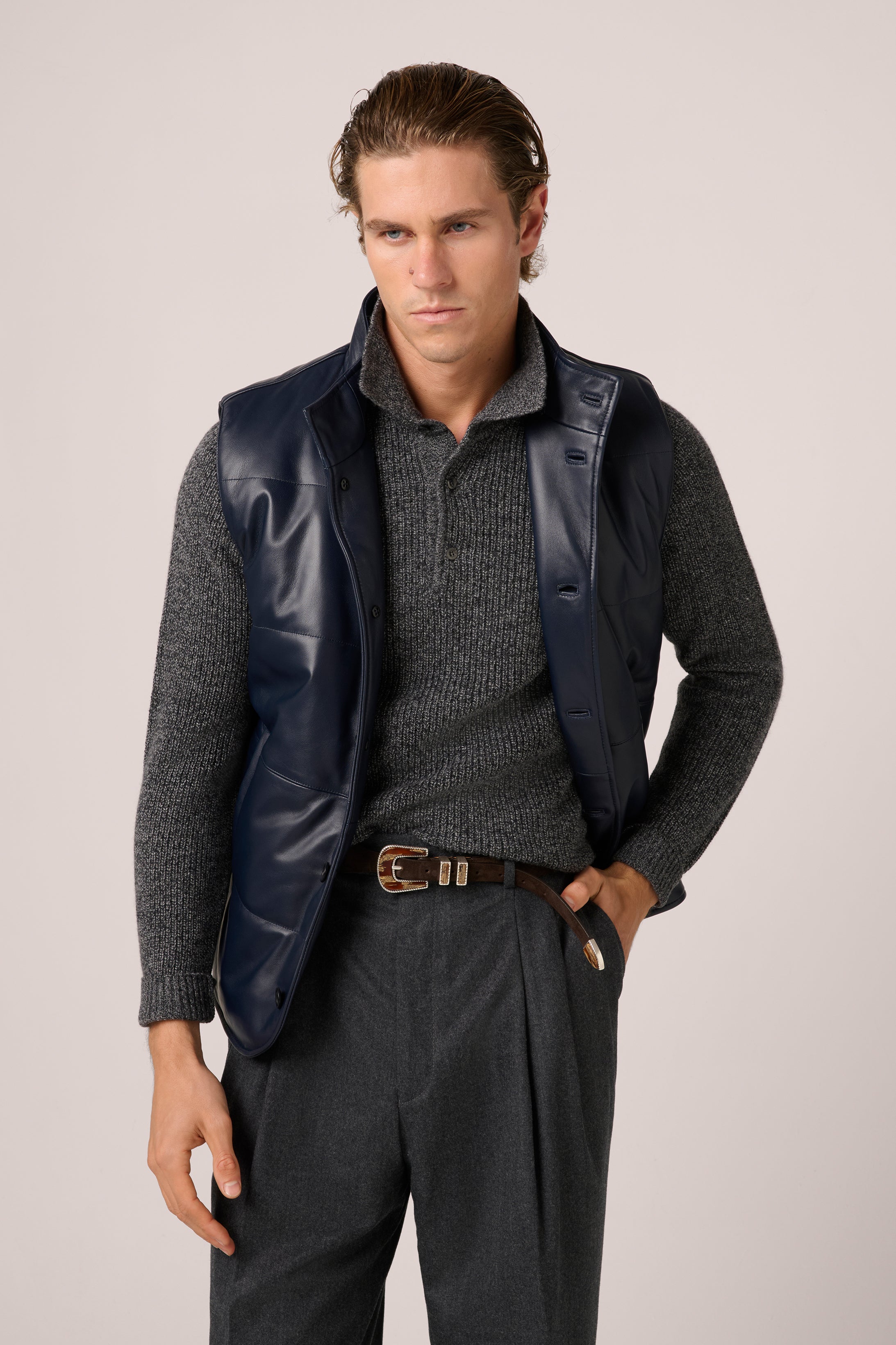 Quilted Leather Vest - Tumbled Grain Lambskin - Navy Blue