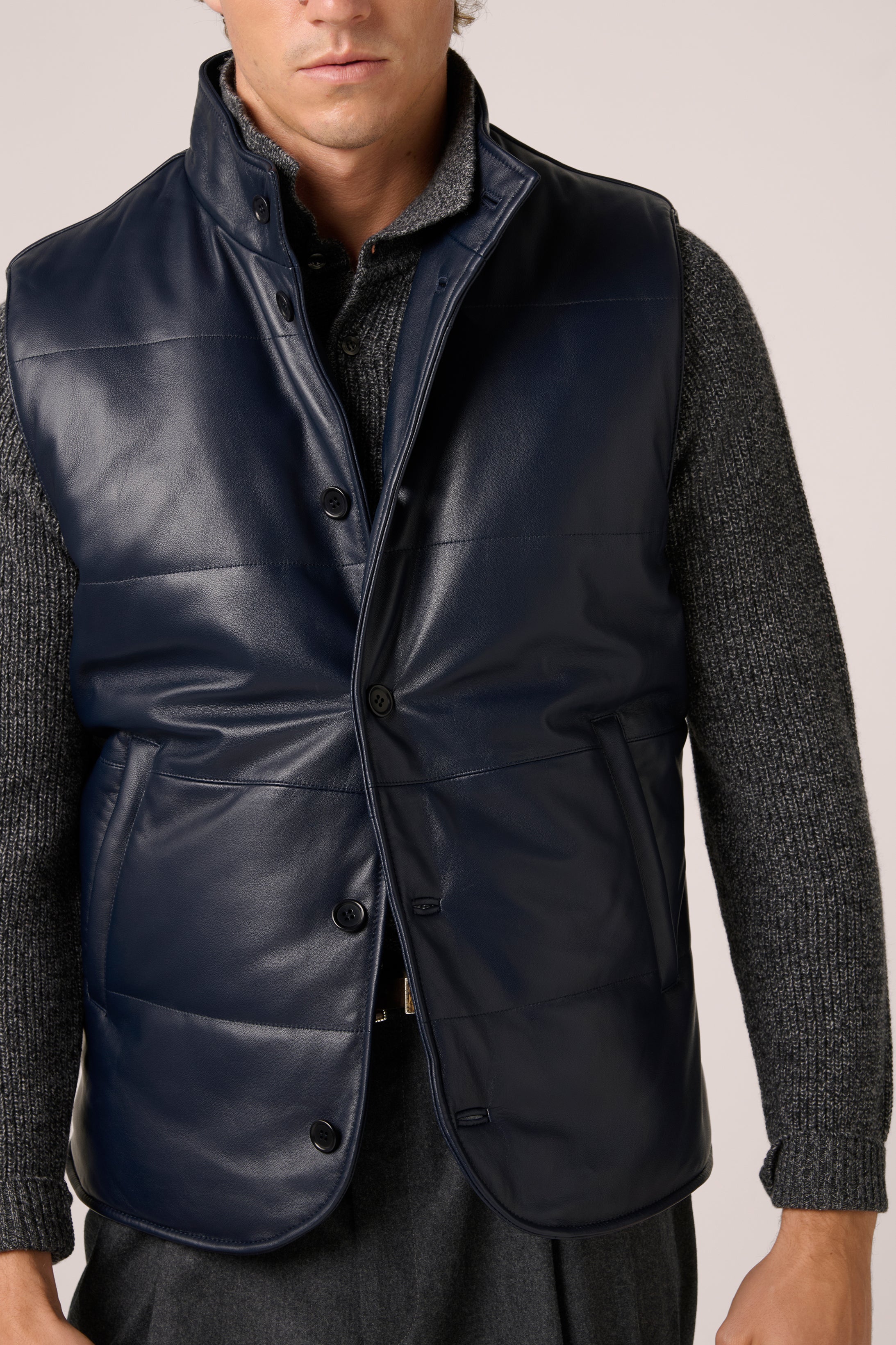 Quilted Leather Vest - Tumbled Grain Lambskin - Navy Blue