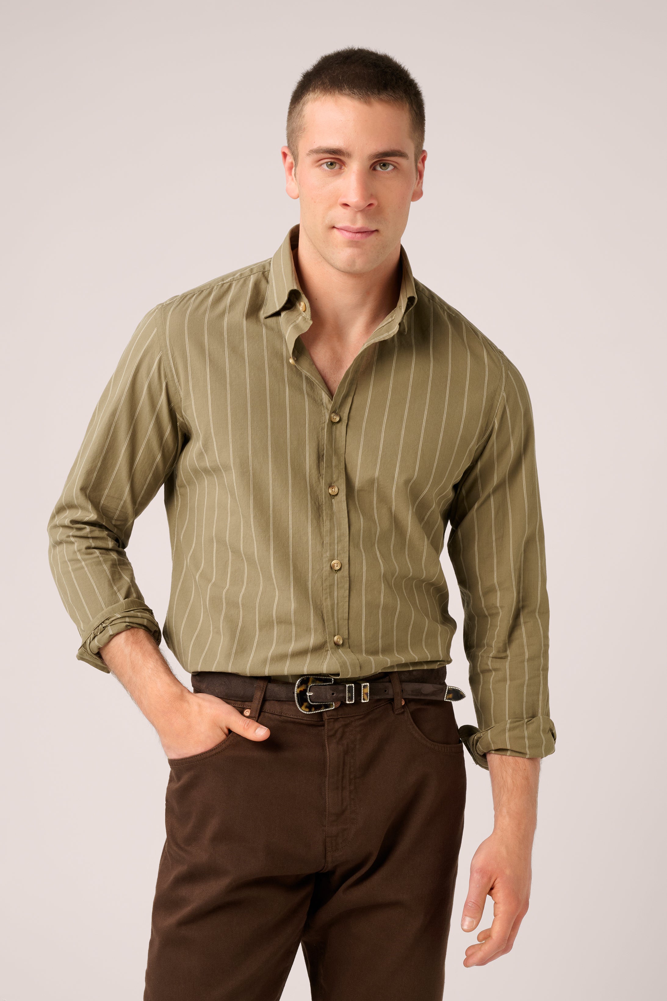 Bronte Shirt - Italian Cotton - Olive & White Double Pinstripe (PRE-ORDER)