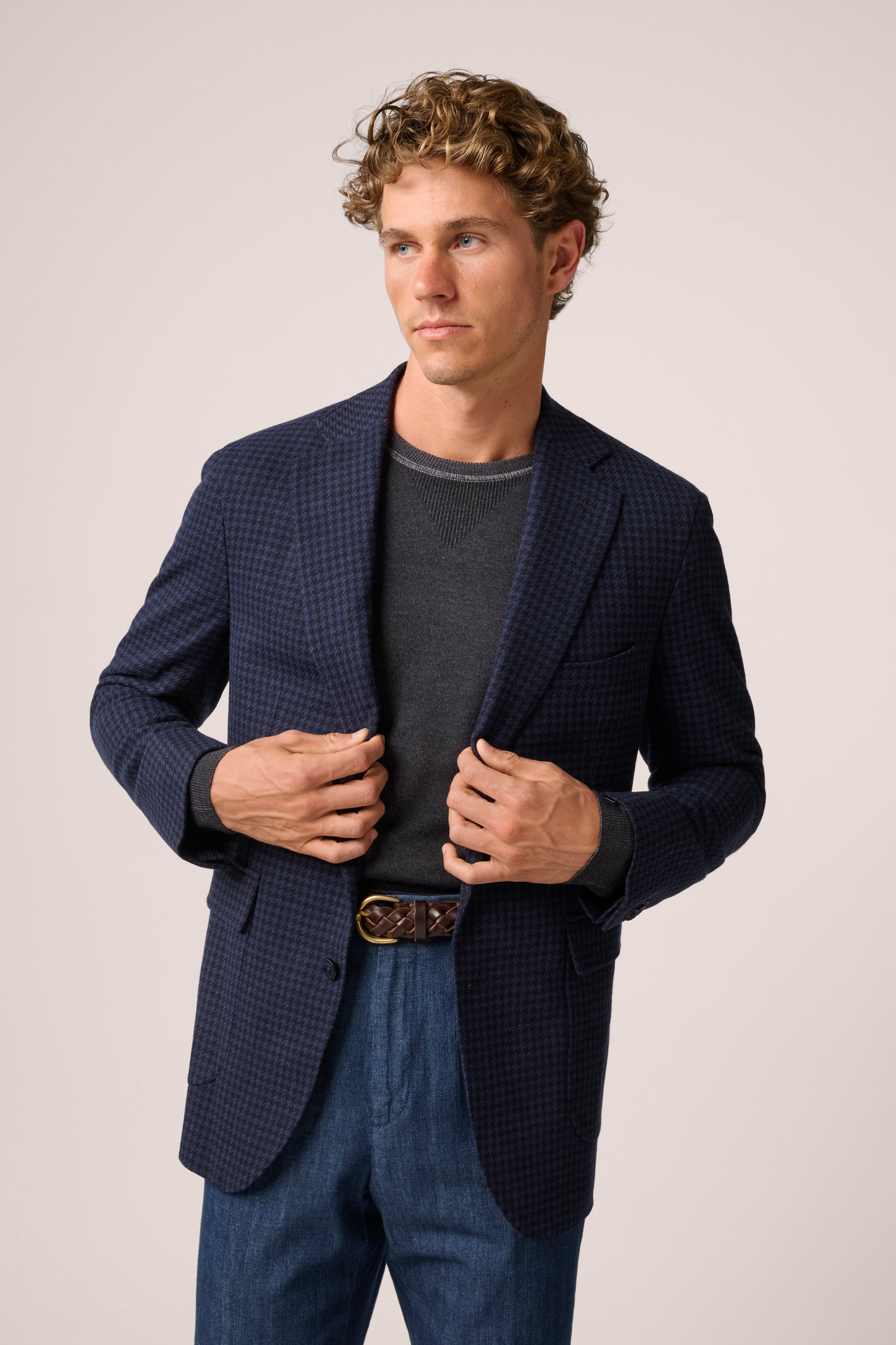 Apollo Blazer - Wool and Silk - Navy and Black Houndstooth