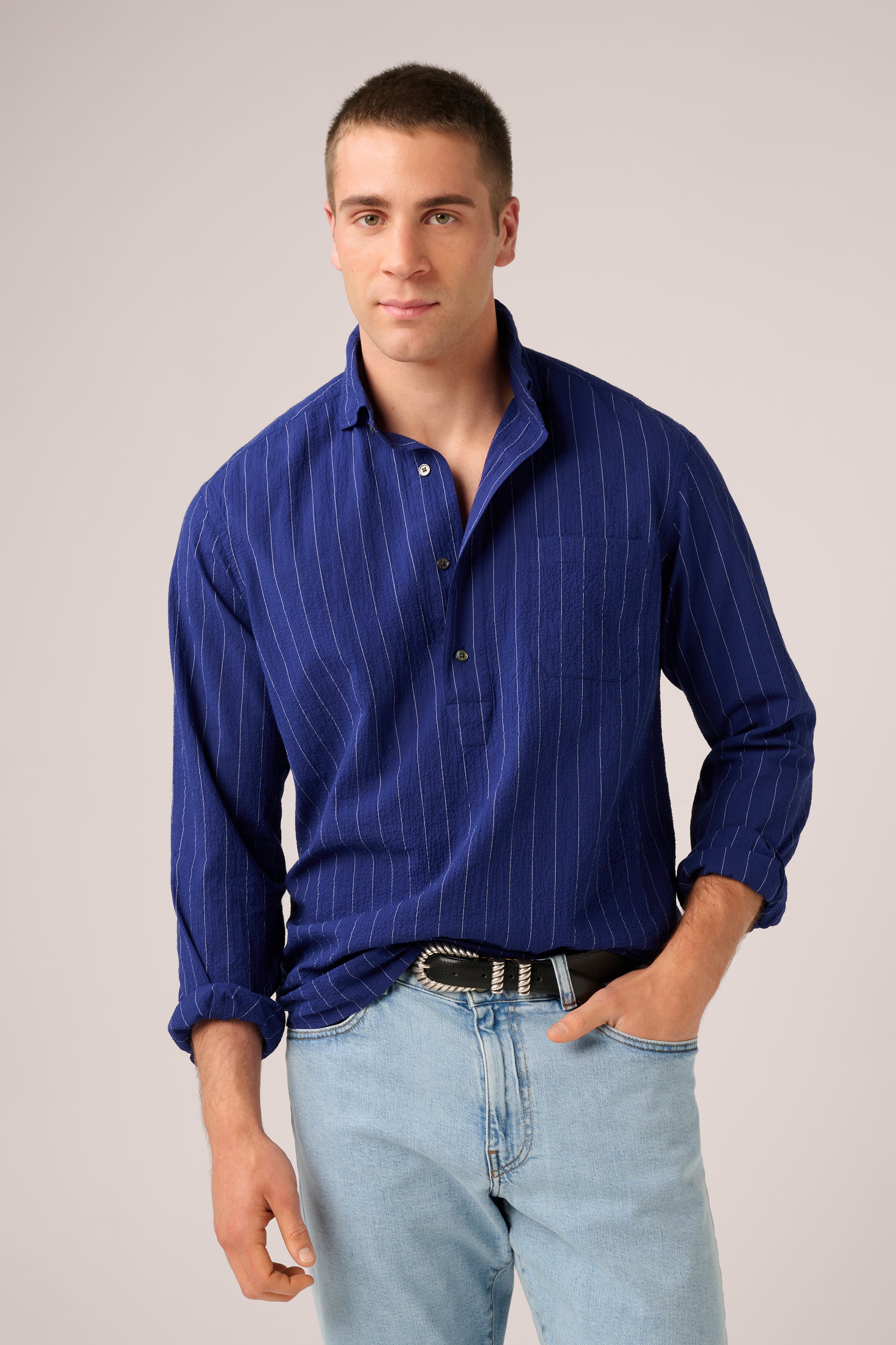 Long-Sleeve Popover - Cotton Seersucker - Aegean Blue & White Stripe (PRE-ORDER)