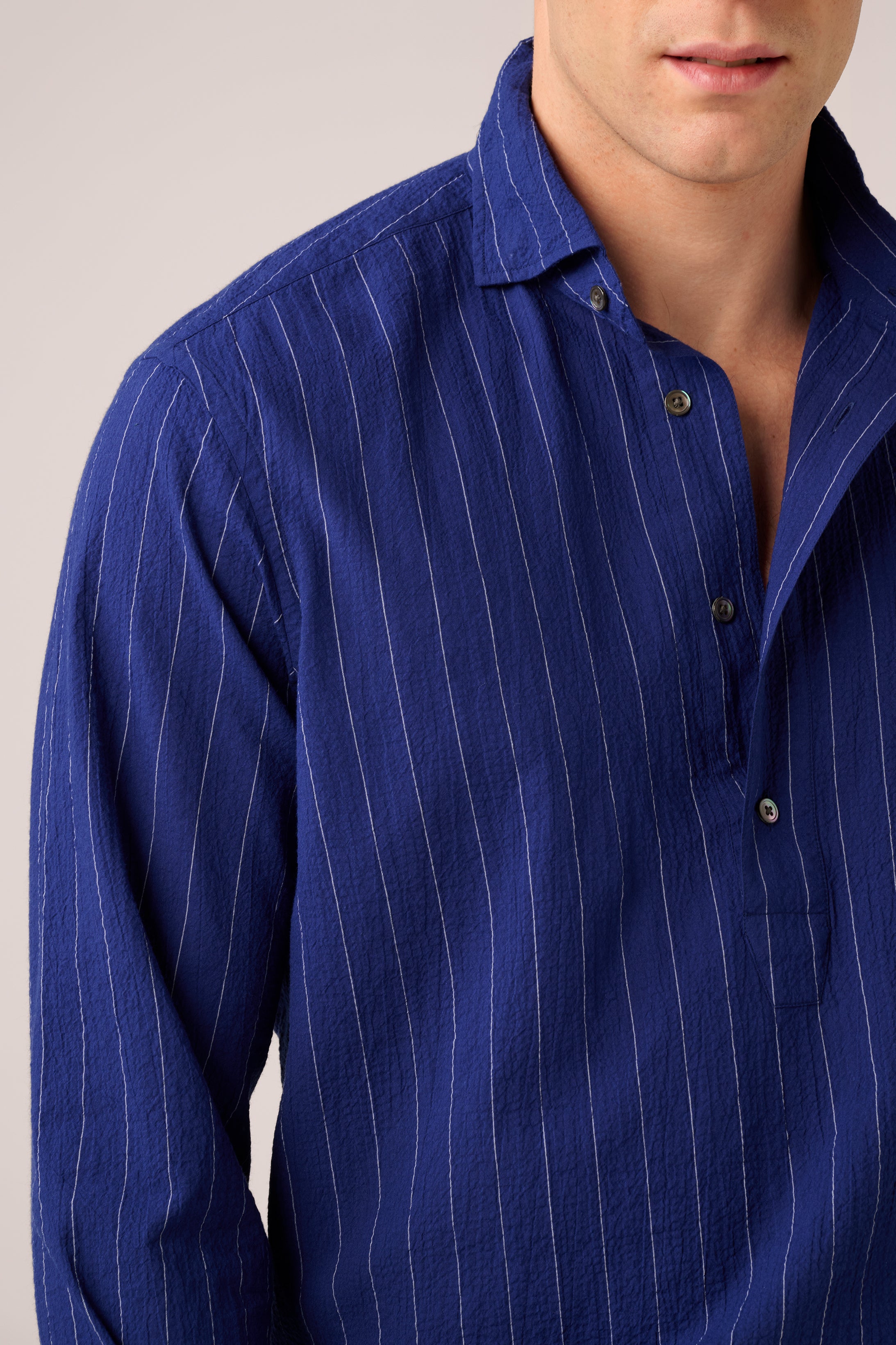 Long-Sleeve Popover - Cotton Seersucker - Aegean Blue & White Stripe (PRE-ORDER)