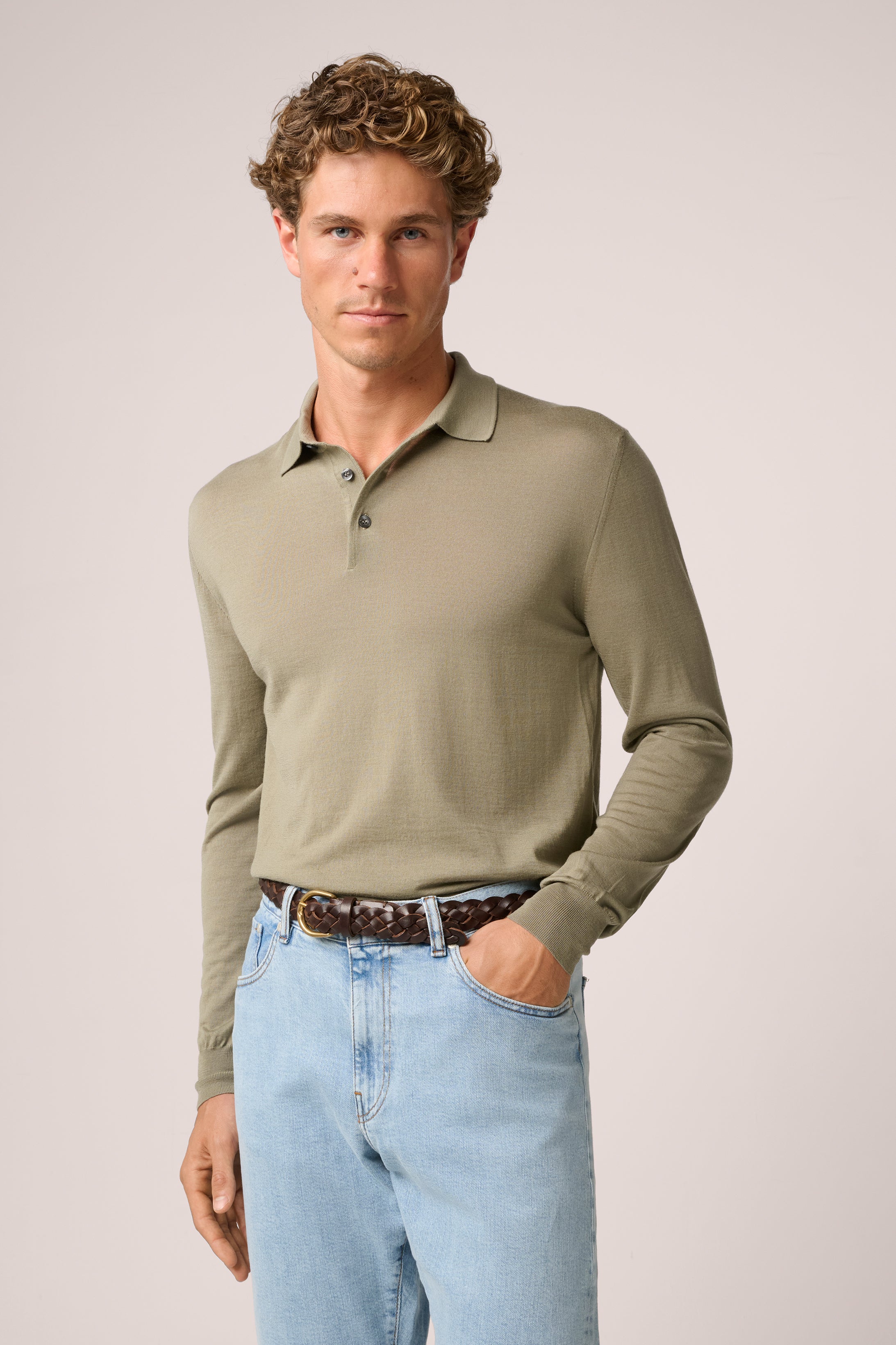 Rye Long Sleeve Polo - Paperweight Merino Wool - Olive Green
