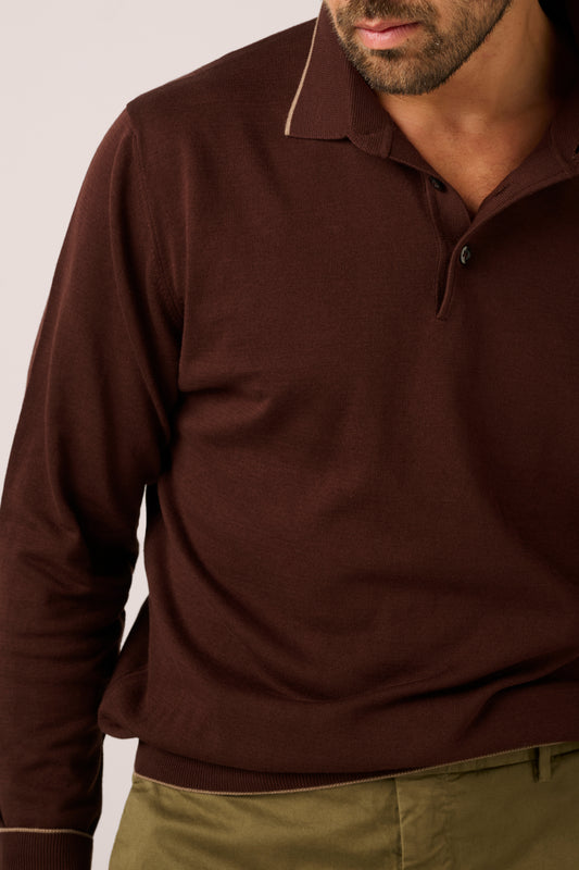 Rye Paperweight Long Sleeve Polo - Cotton - Chestnut