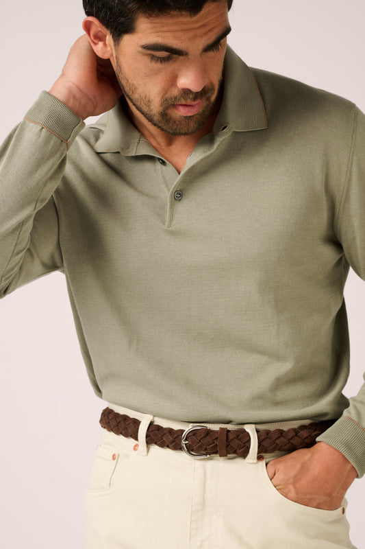 Rye Paperweight Long Sleeve Polo - Cotton - Pistachio