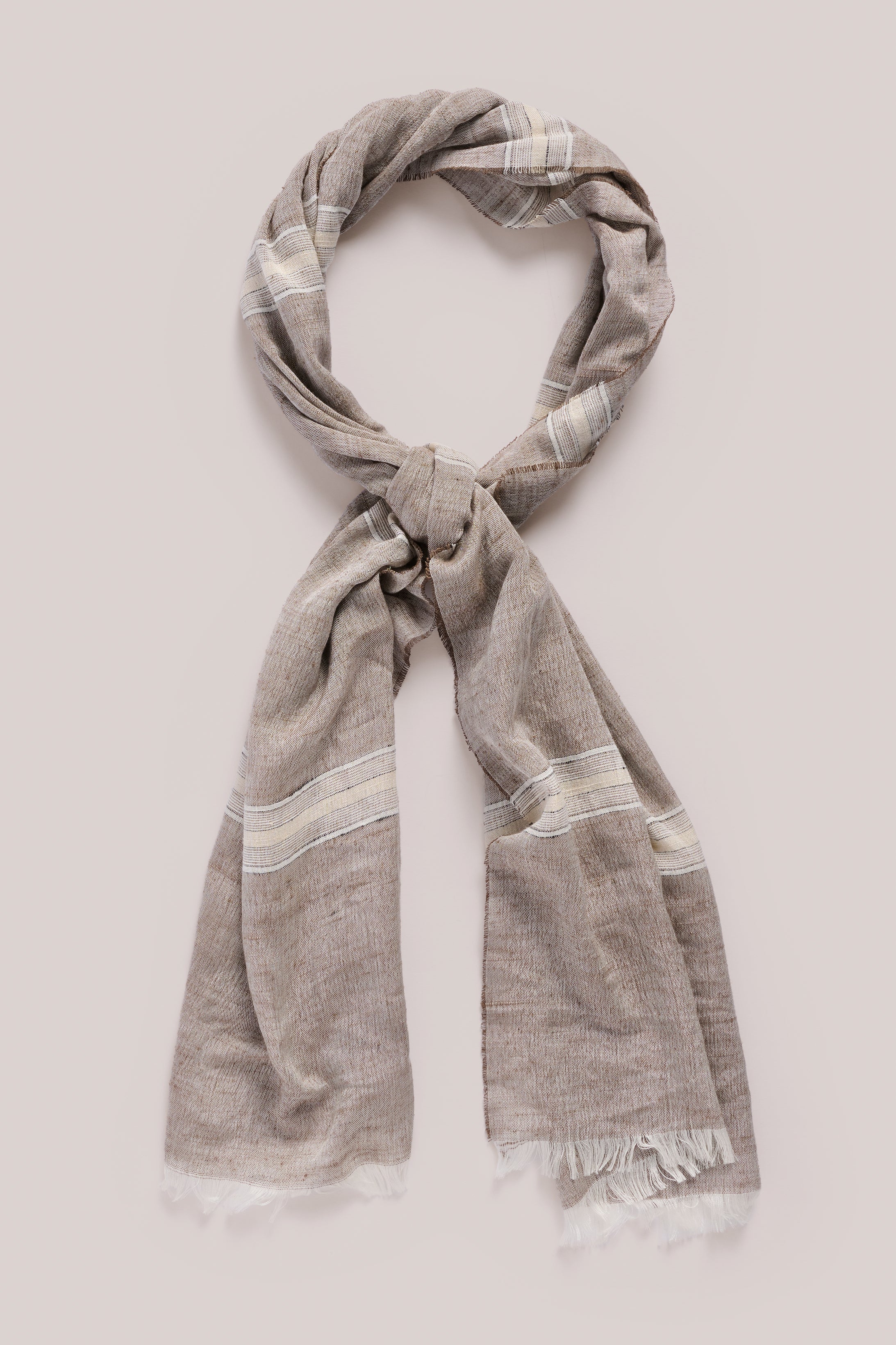 Scarf - Silk - Taupe With Sand & White Stripes