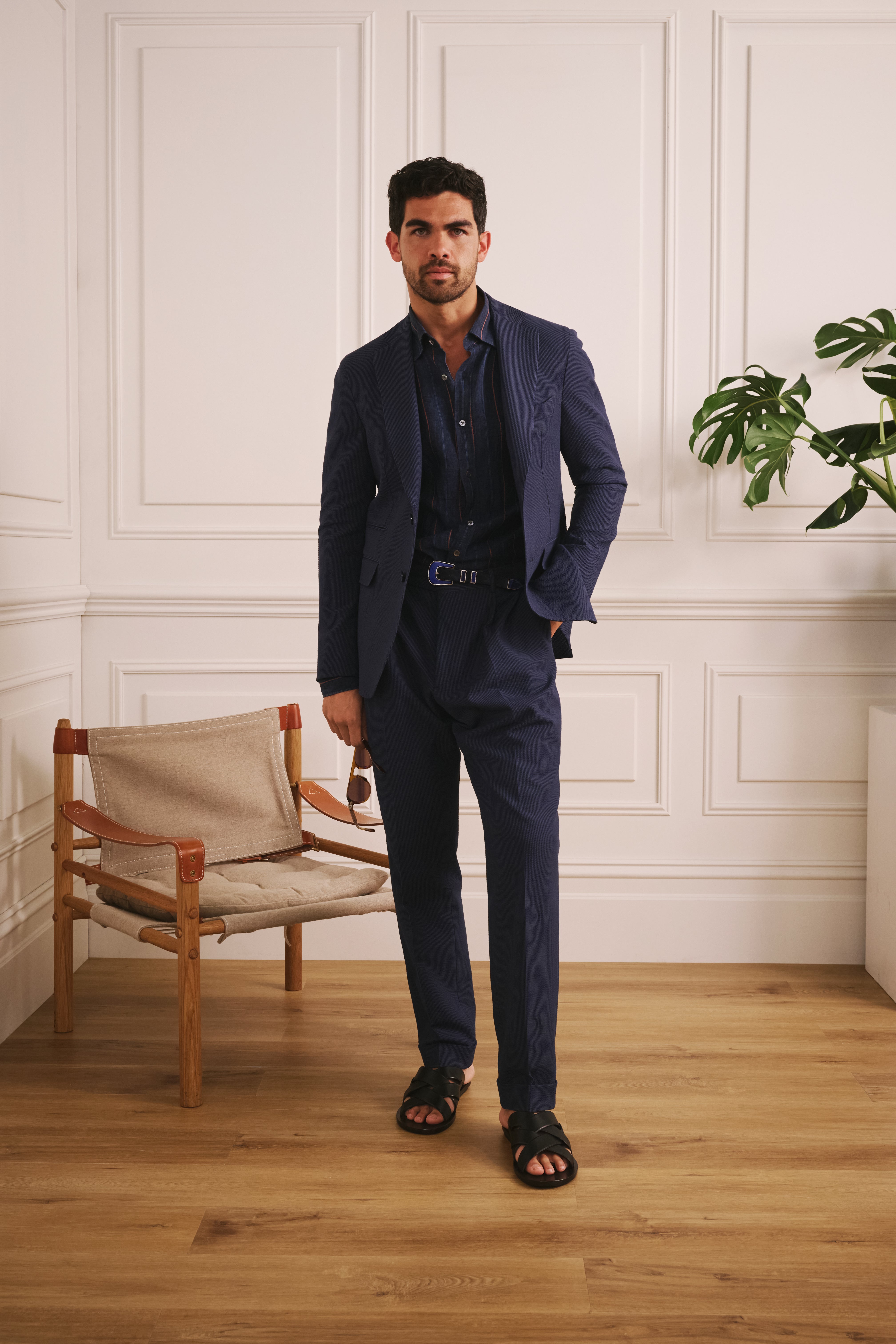 Somelos Orange Striped Blue Linen Shirt