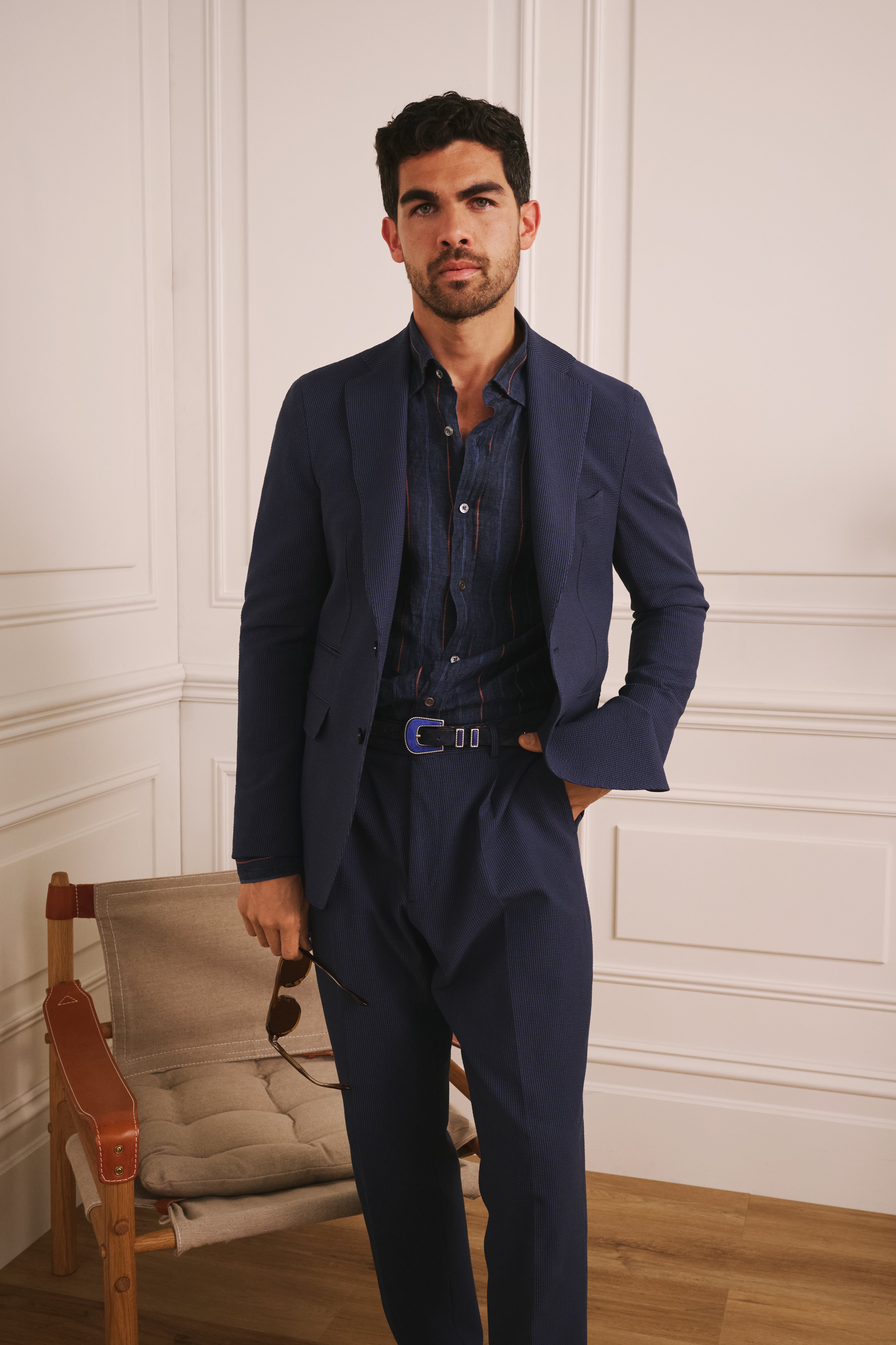 Somelos Orange Striped Blue Linen Shirt