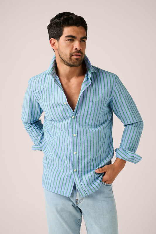 Long Sleeve Seersucker Shirt - Dusty Blue/Olive - Pre-Order