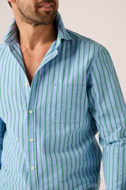 Long Sleeve Seersucker Shirt - Dusty Blue/Olive - Pre-Order