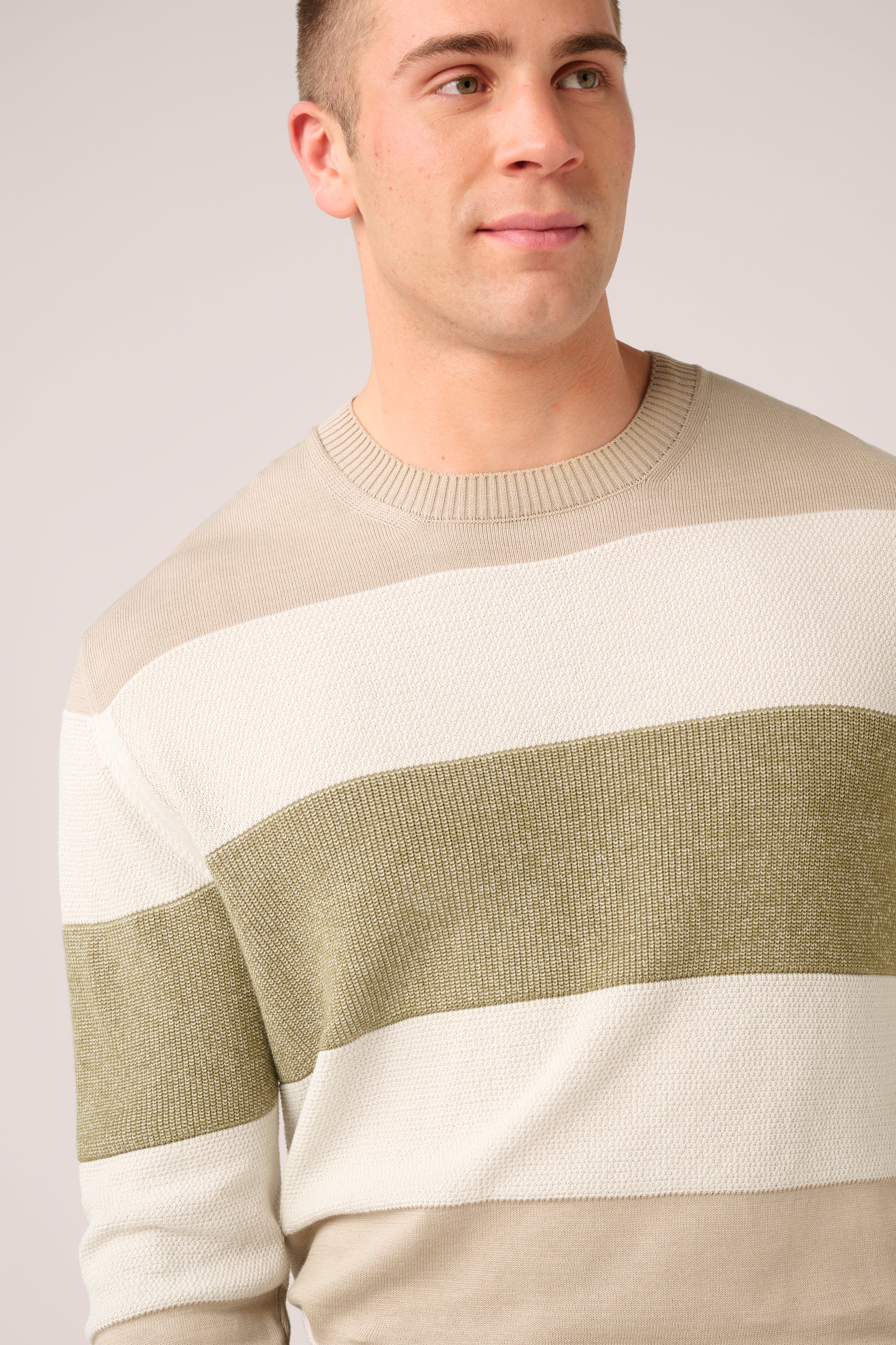 Hamilton Long-Sleeved Crew Knit - Italian Cotton - Sand, Olive & White (Pre-Order)
