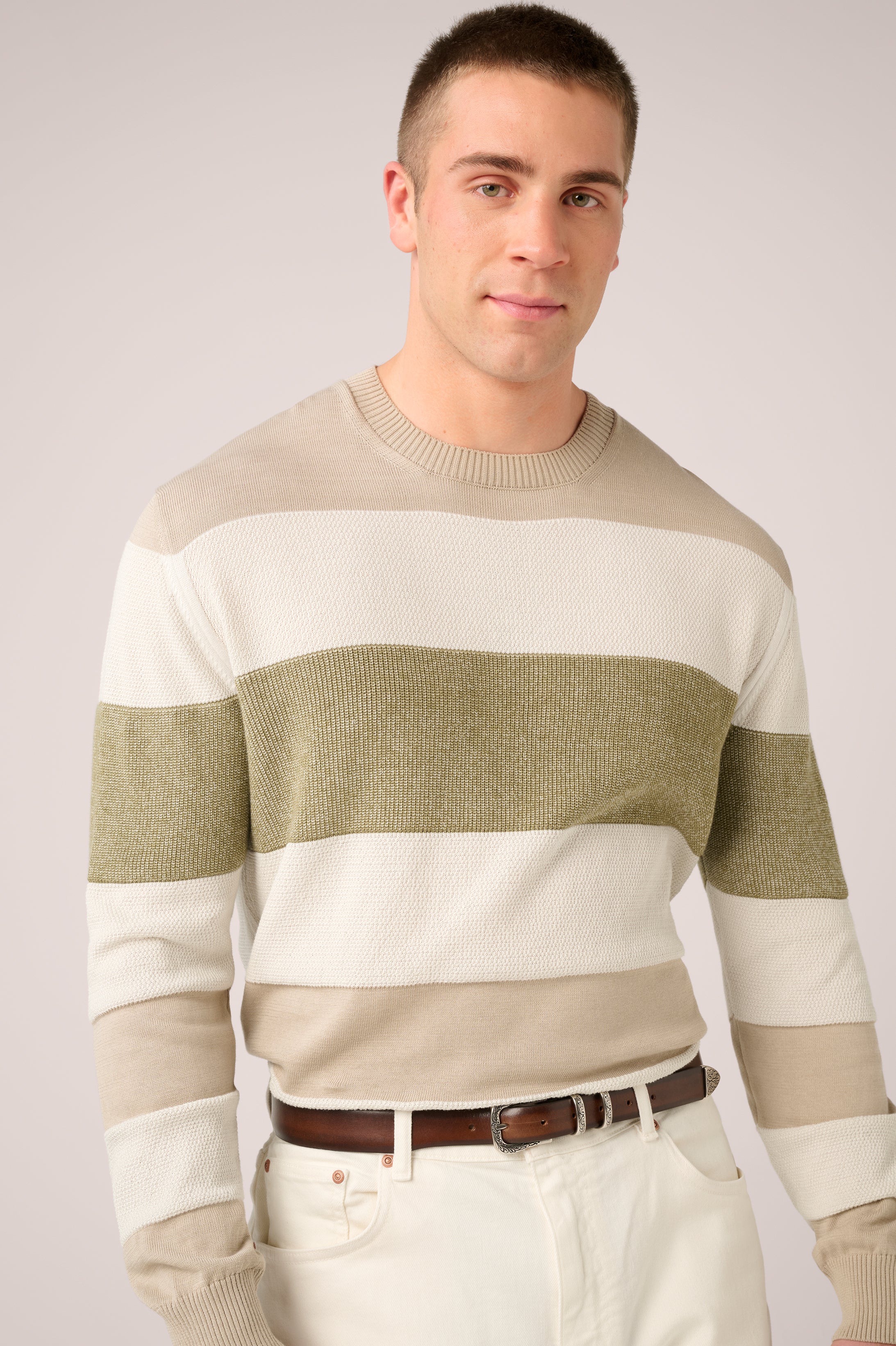 Hamilton Long-Sleeved Crew Knit - Italian Cotton - Sand, Olive & White (Pre-Order)