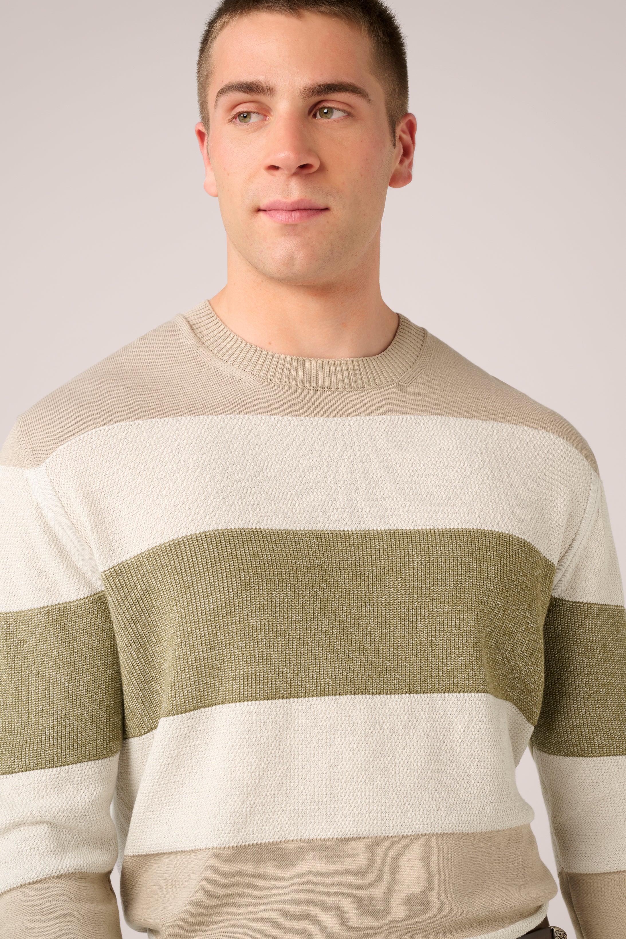Hamilton Long-Sleeved Crew Knit - Italian Cotton - Sand, Olive & White (Pre-Order)