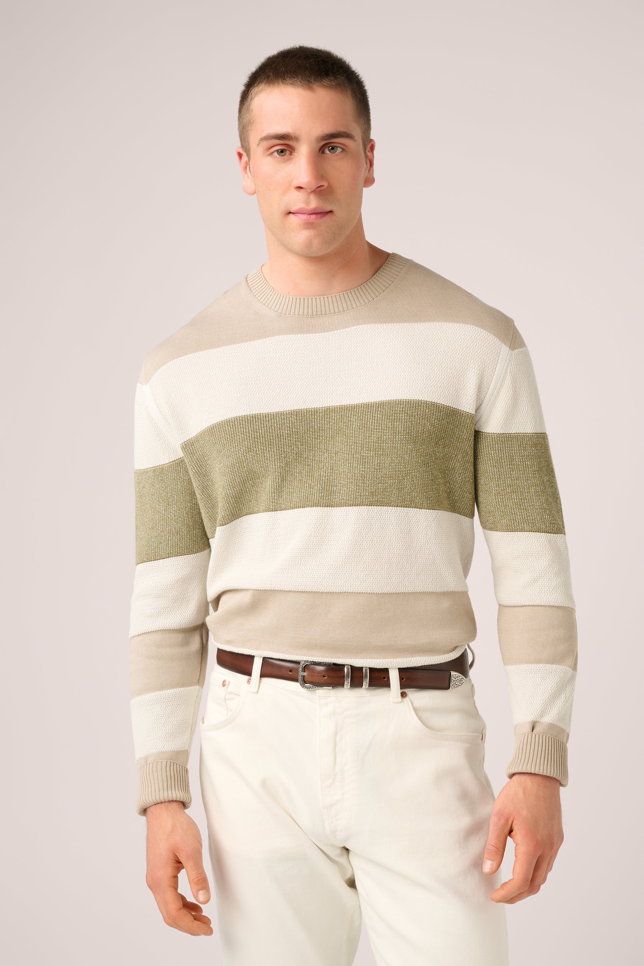 Hamilton Long-Sleeved Crew Knit - Italian Cotton - Sand, Olive & White (Pre-Order)