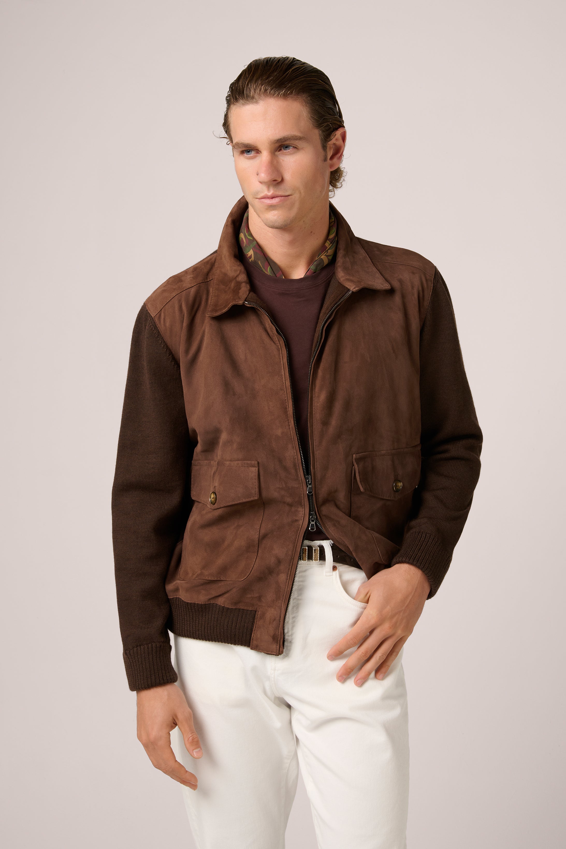 Bomber Jacket - Italian Suede & Merino Wool - Chocolate Brown