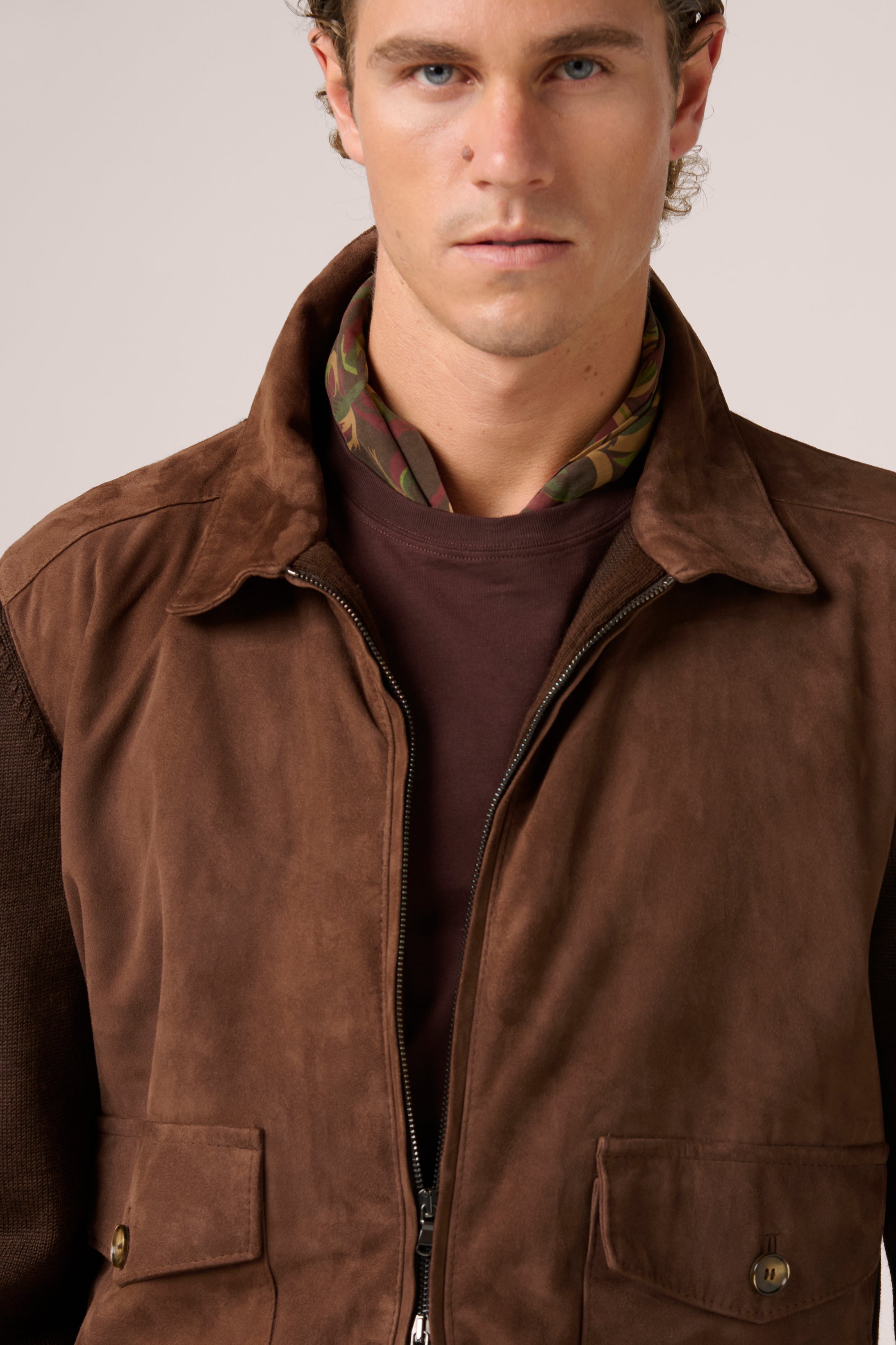 Bomber Jacket - Italian Suede & Merino Wool - Chocolate Brown