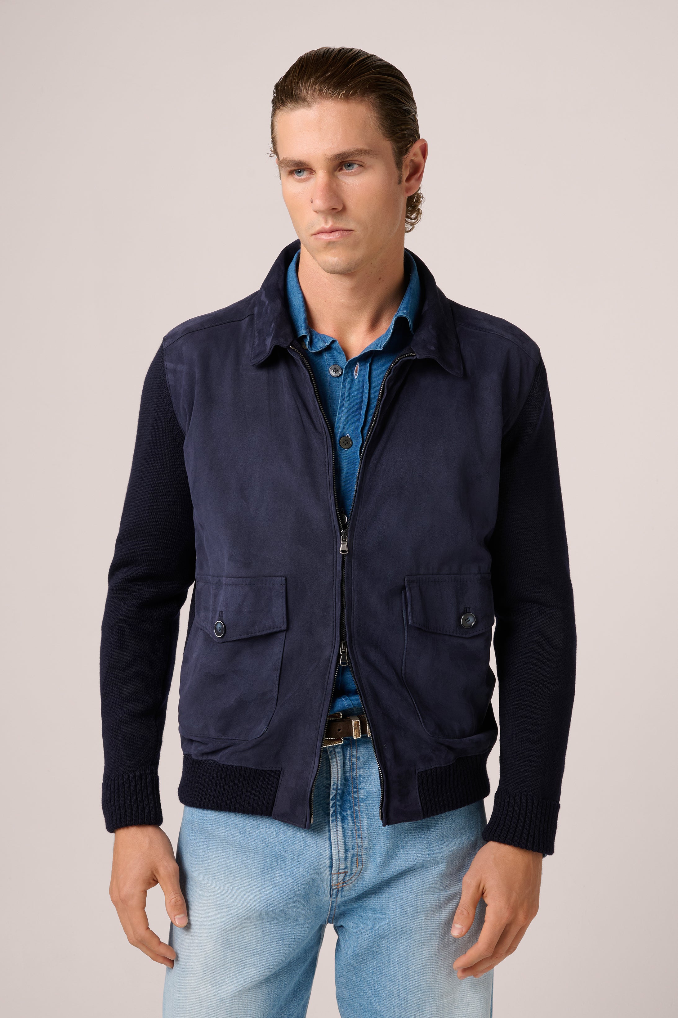 Bomber Jacket - Italian Suede & Merino Wool - Nautical Navy Blue