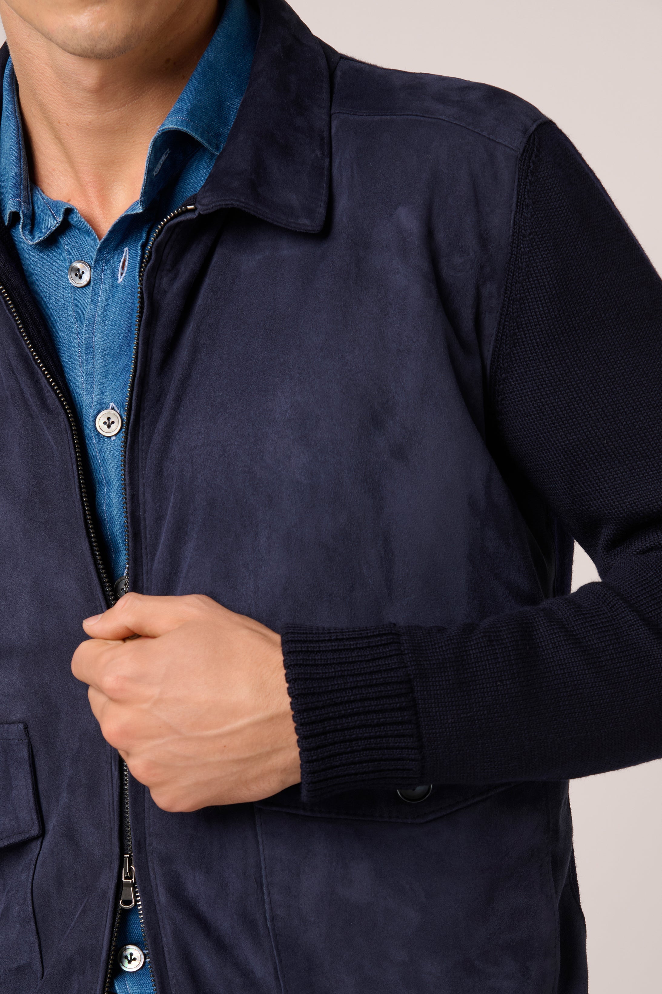 Bomber Jacket - Italian Suede & Merino Wool - Nautical Navy Blue