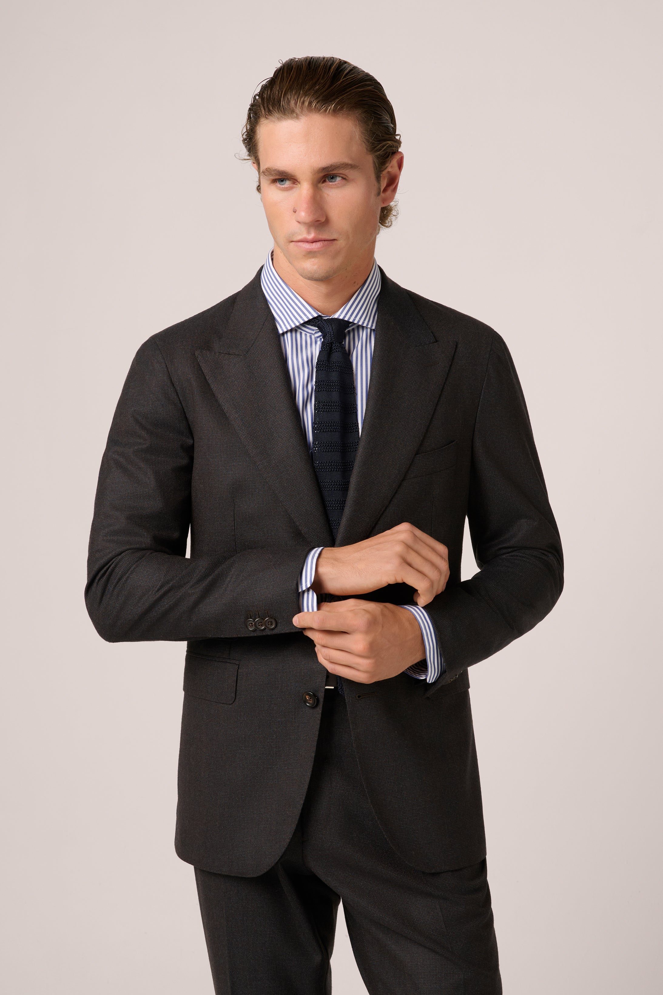 Peak Lapel Blazer - Wool & Cashmere - Chocolate, Grey & Teal Melange