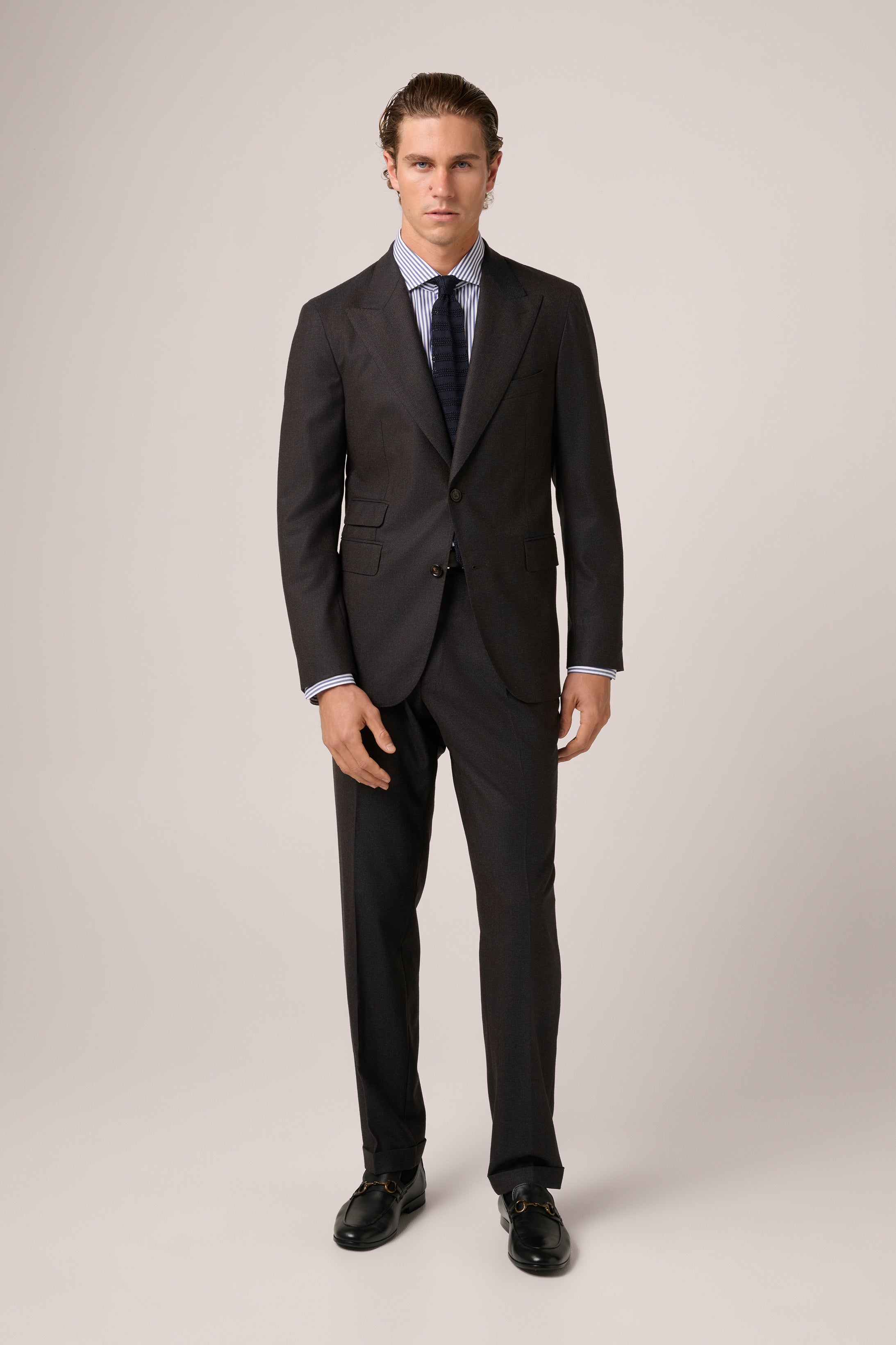 Peak Lapel Blazer - Wool & Cashmere - Chocolate, Grey & Teal Melange