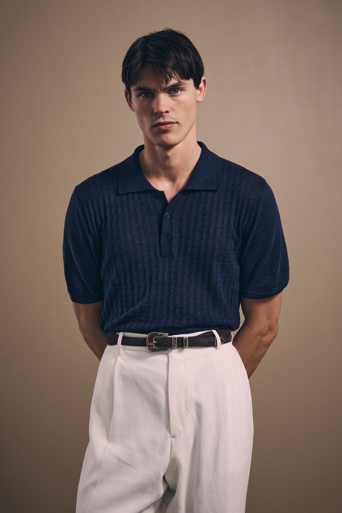 Basketweave Short-Sleeved Knit Polo - Italian Cotton & Linen - Navy Blue