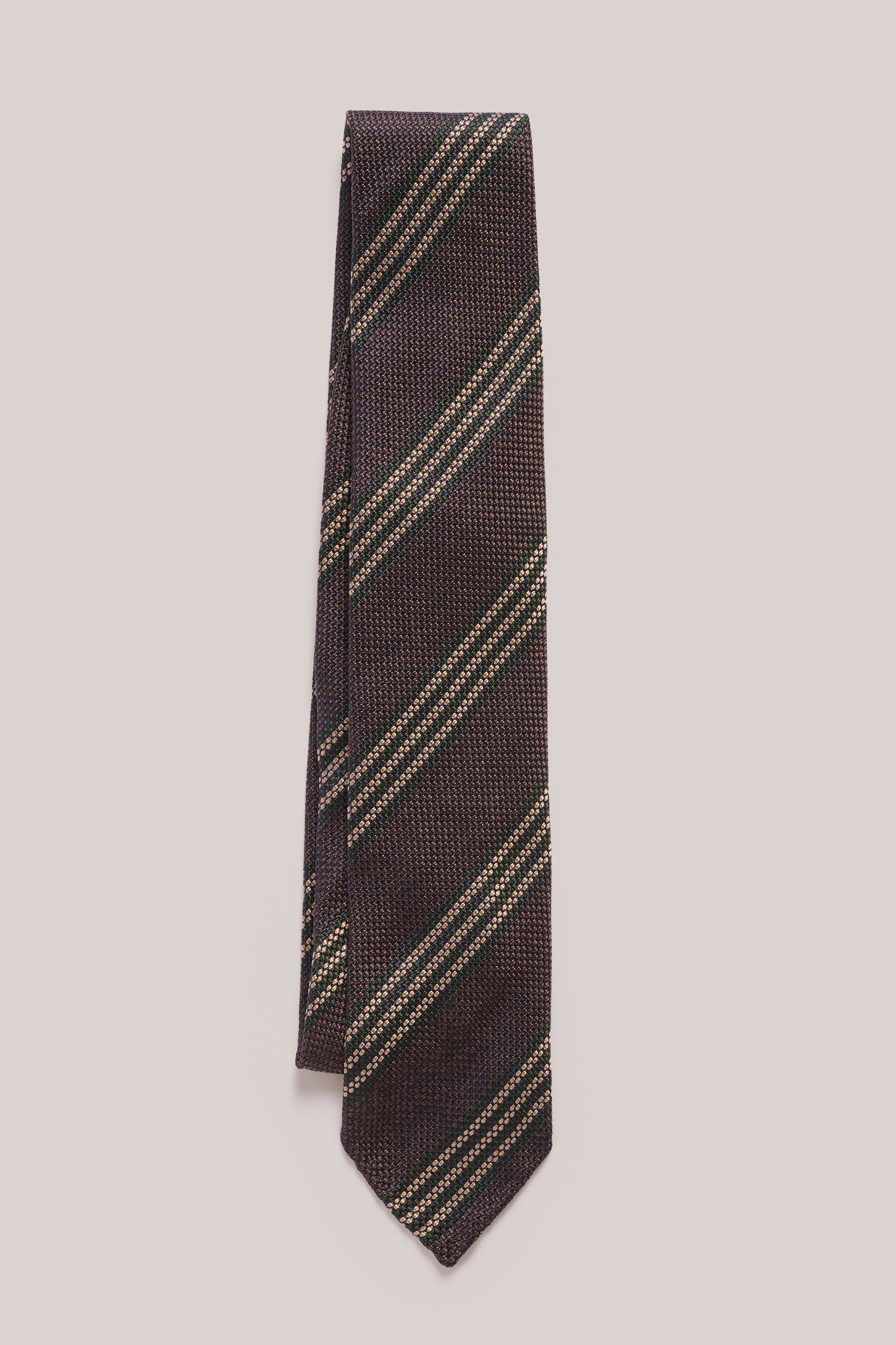 Tie - Silk Grenadine - Chocolate With Olive & Sand Stripe