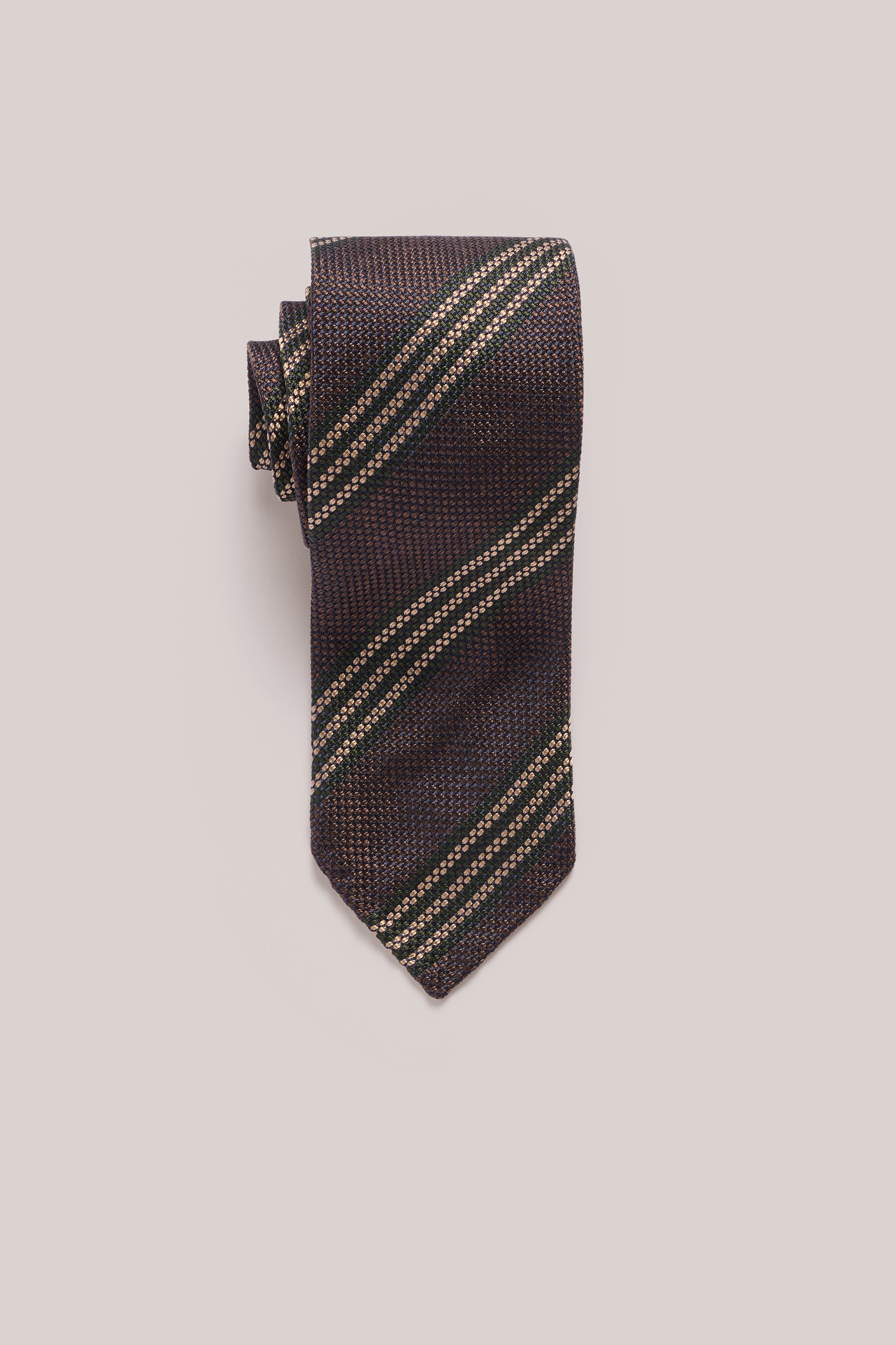 Tie - Silk Grenadine - Chocolate With Olive & Sand Stripe