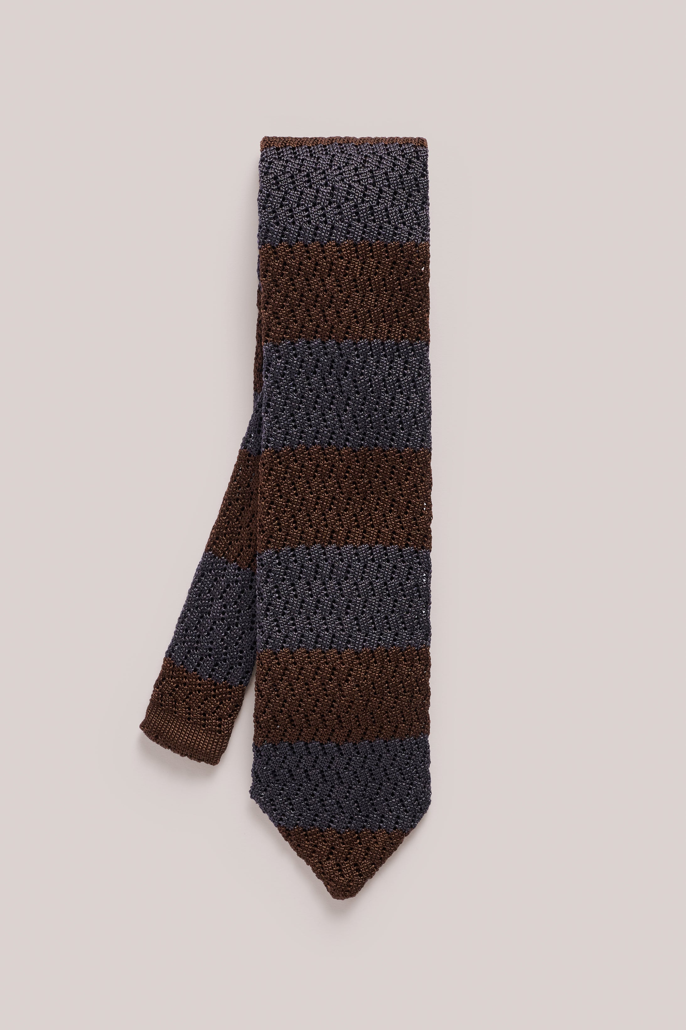 Knitted Tie -  Silk - Navy & Brown Stripe