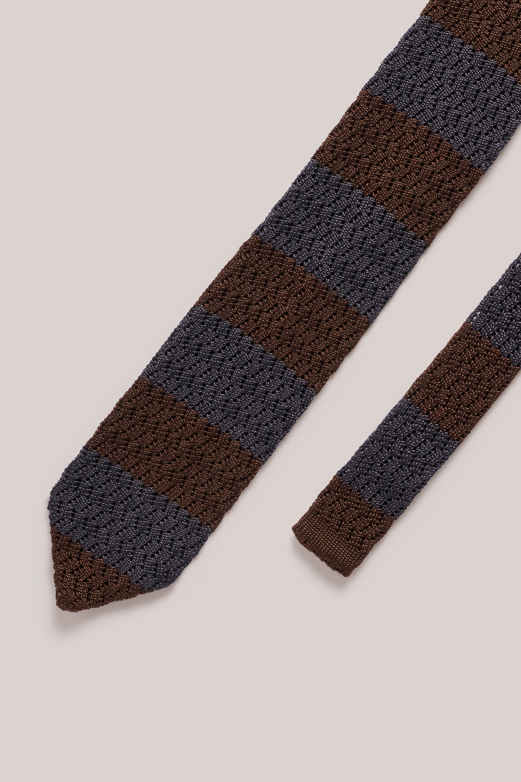 Knitted Tie -  Silk - Navy & Brown Stripe