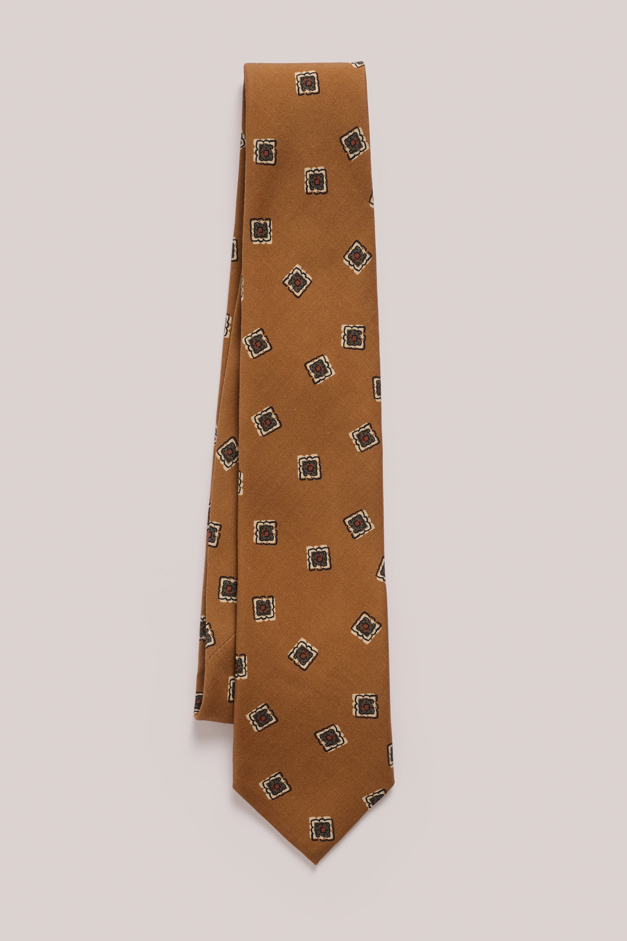 Tie - Silk - Camel With Green Floral Stamp Print