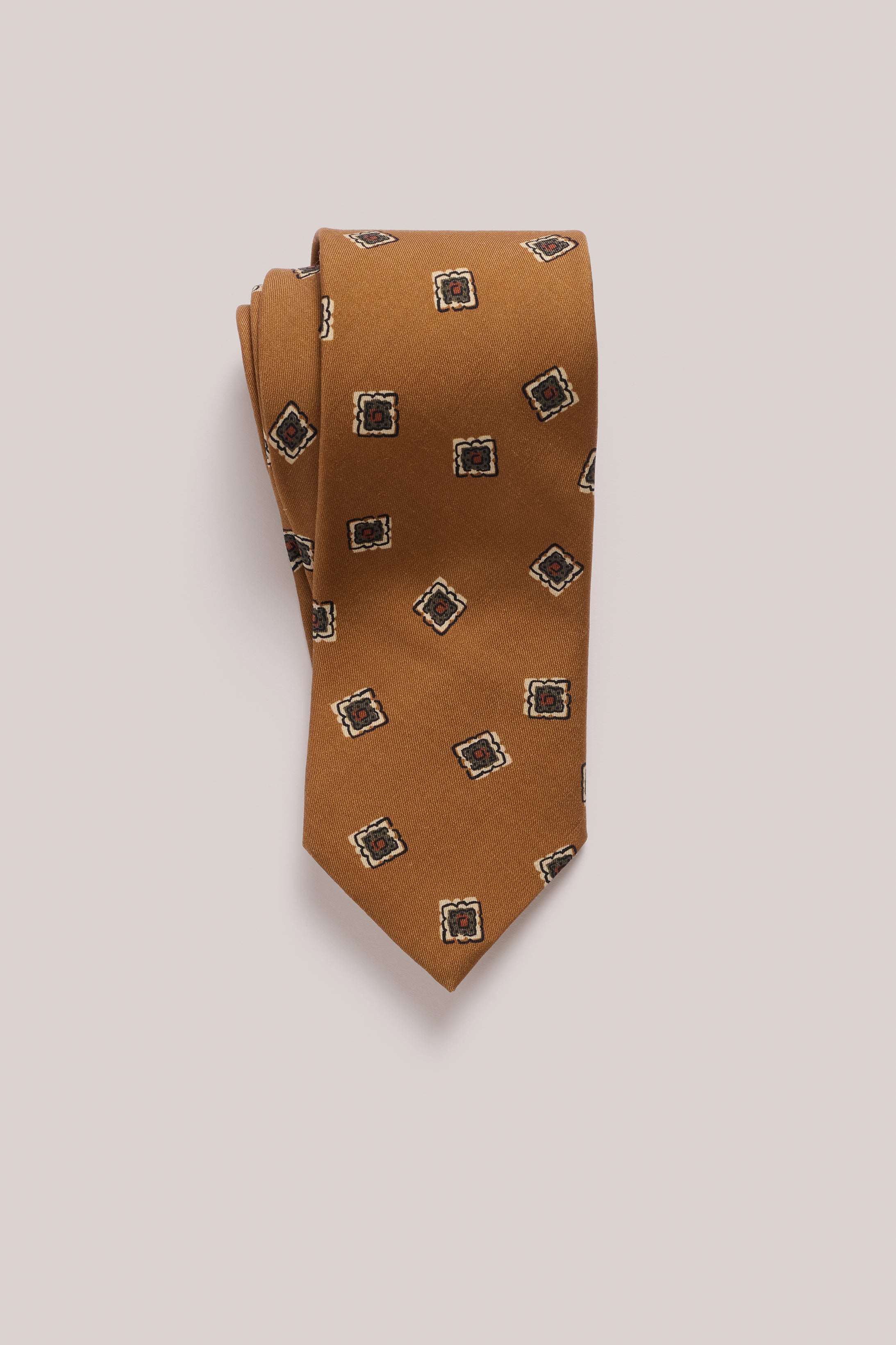 Tie - Silk - Camel With Green Floral Stamp Print