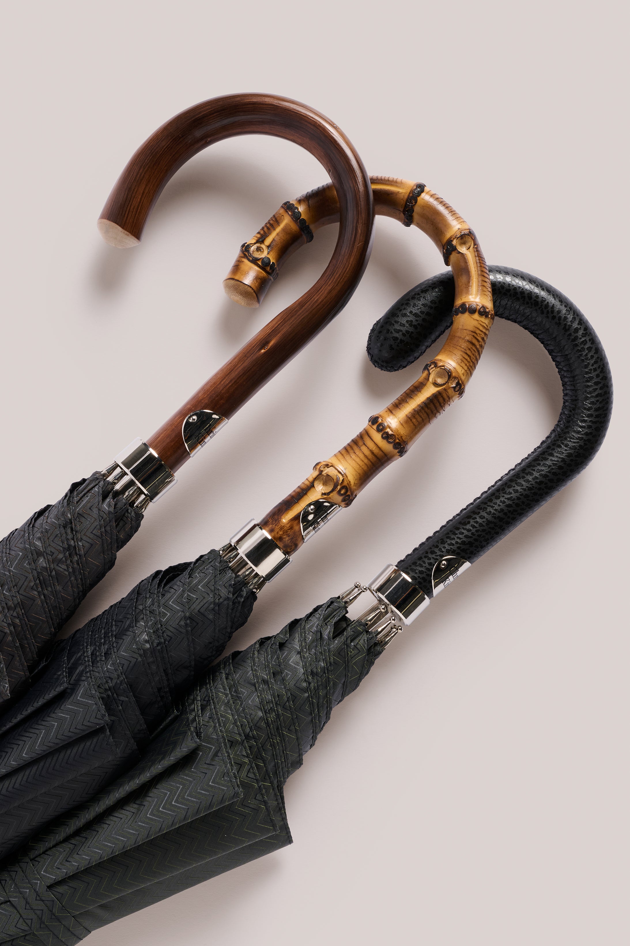 Handmade Umbrella - Chestnut Wood Handle - Black Micro Chevron