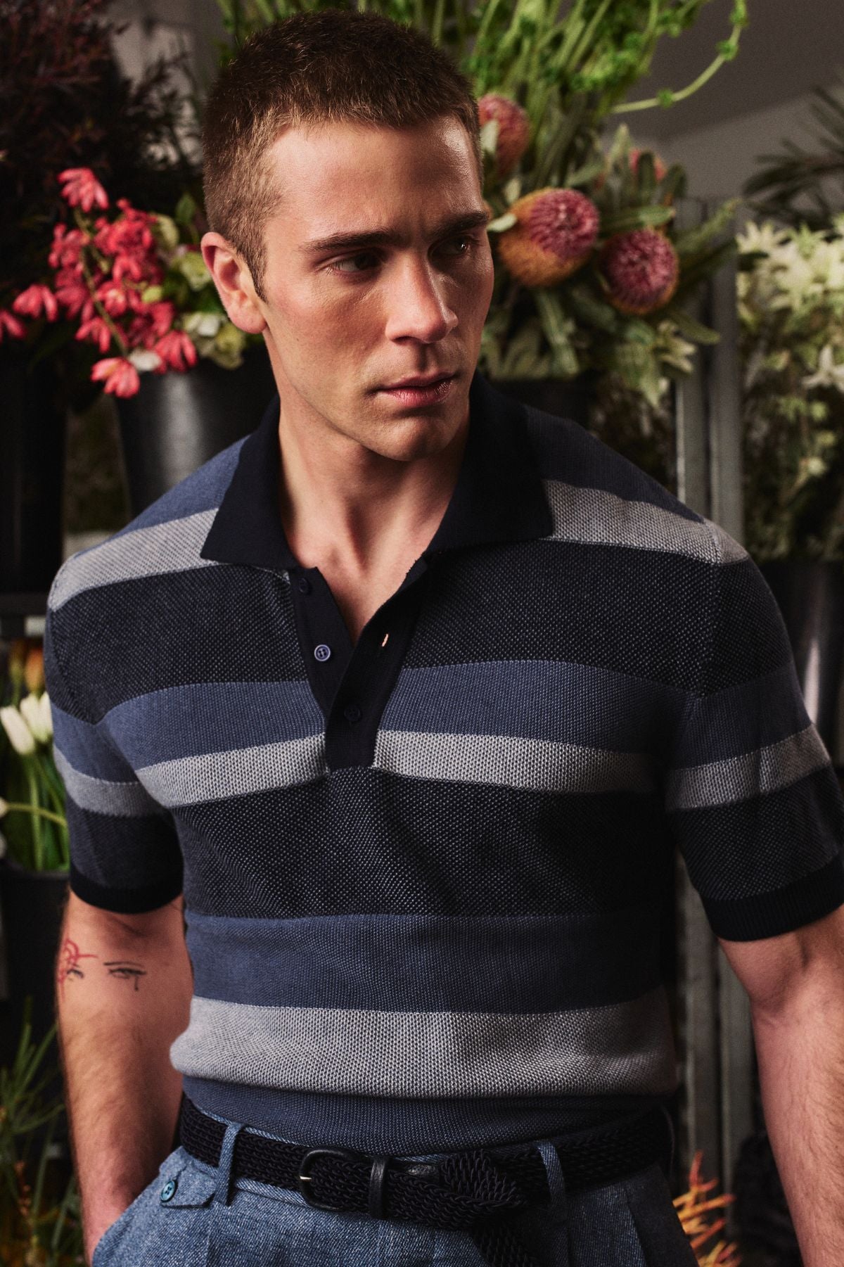 Short-Sleeved Knit Polo - Italian Cotton - Blue & White Stripe (PRE-ORDER)