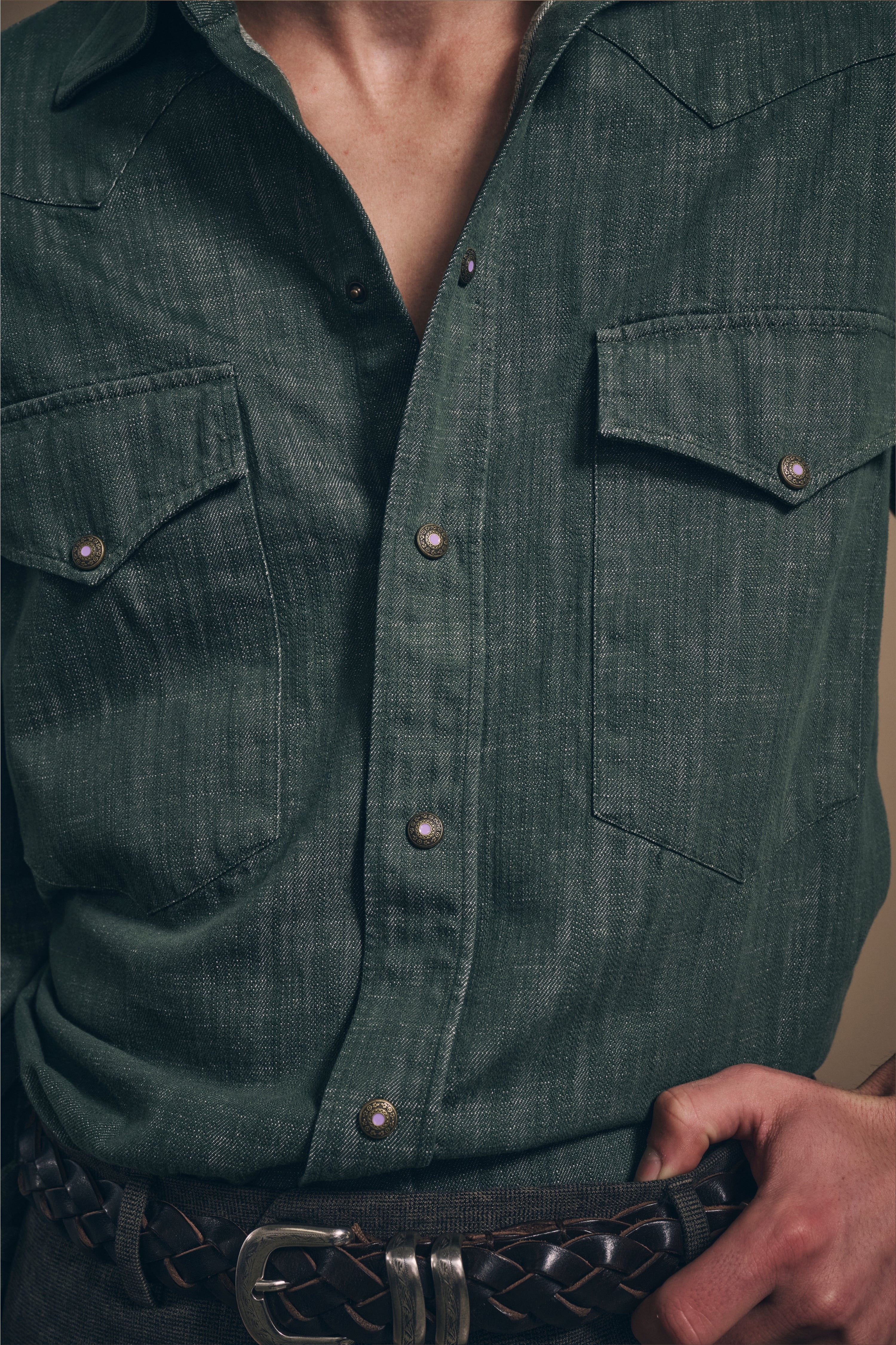 Naples Western Shirt - Italian Denim - Olive Green