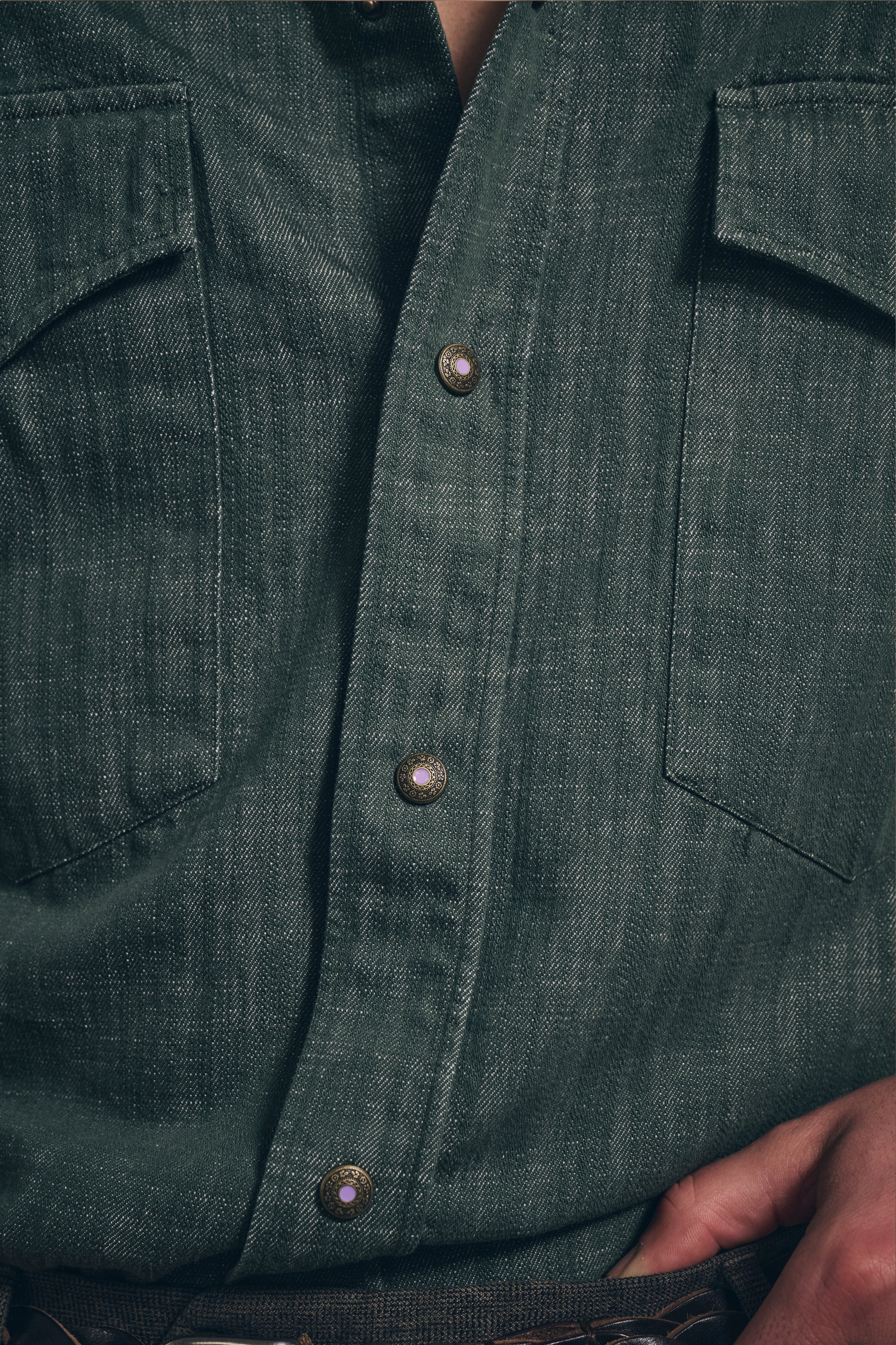 Naples Western Shirt - Italian Denim - Olive Green