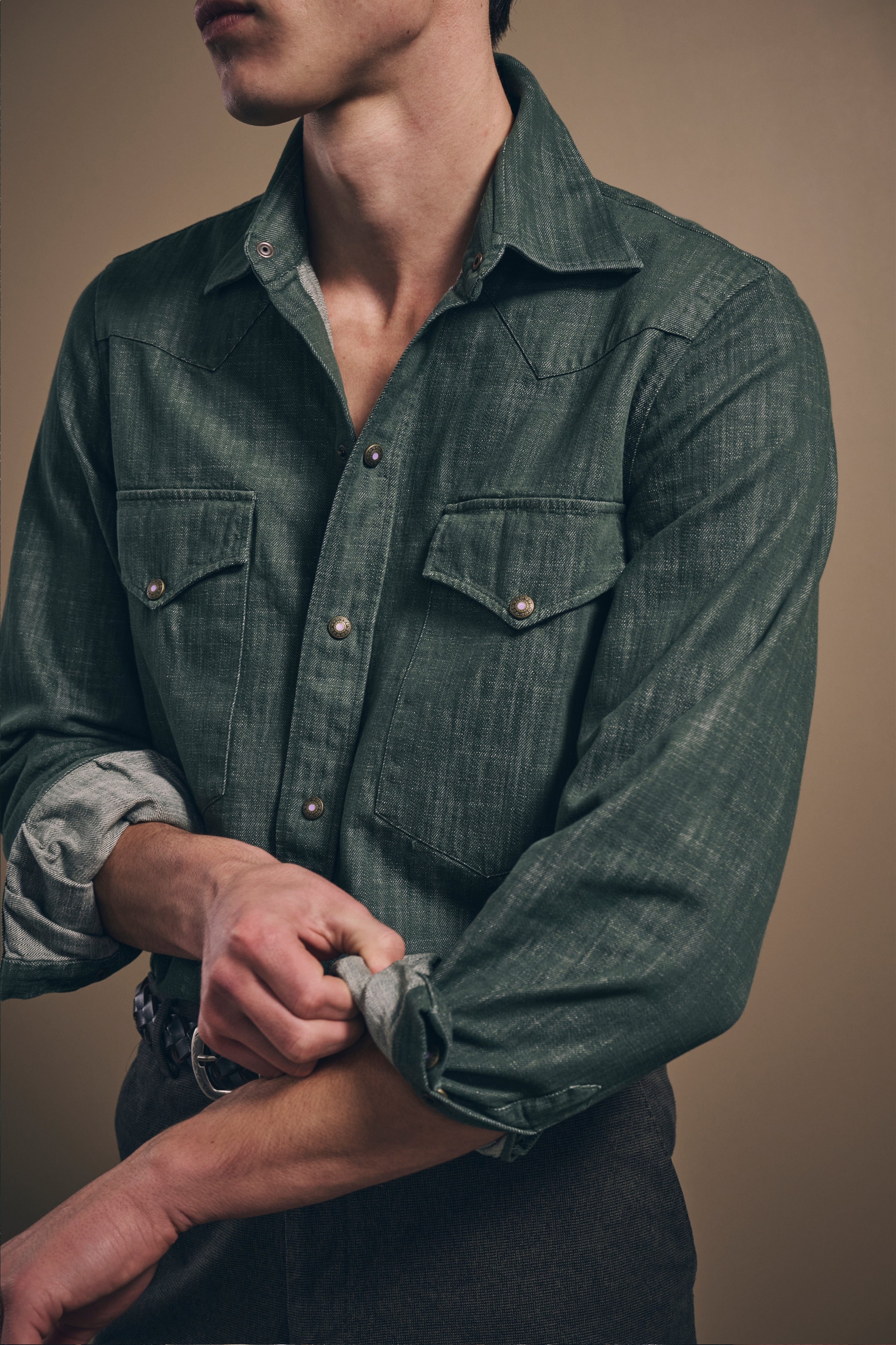 Naples Western Shirt - Italian Denim - Olive Green