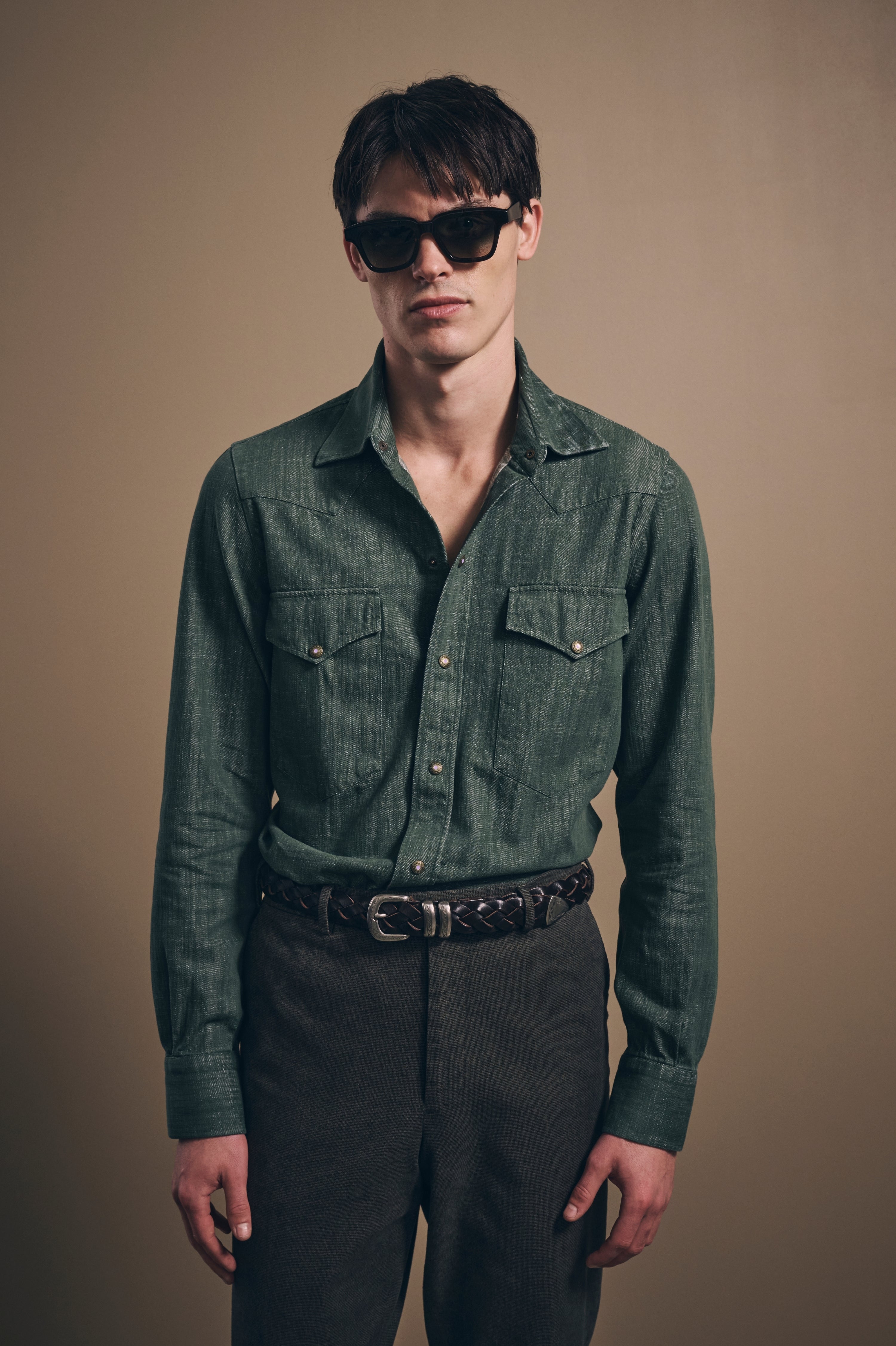 Naples Western Shirt - Italian Denim - Olive Green