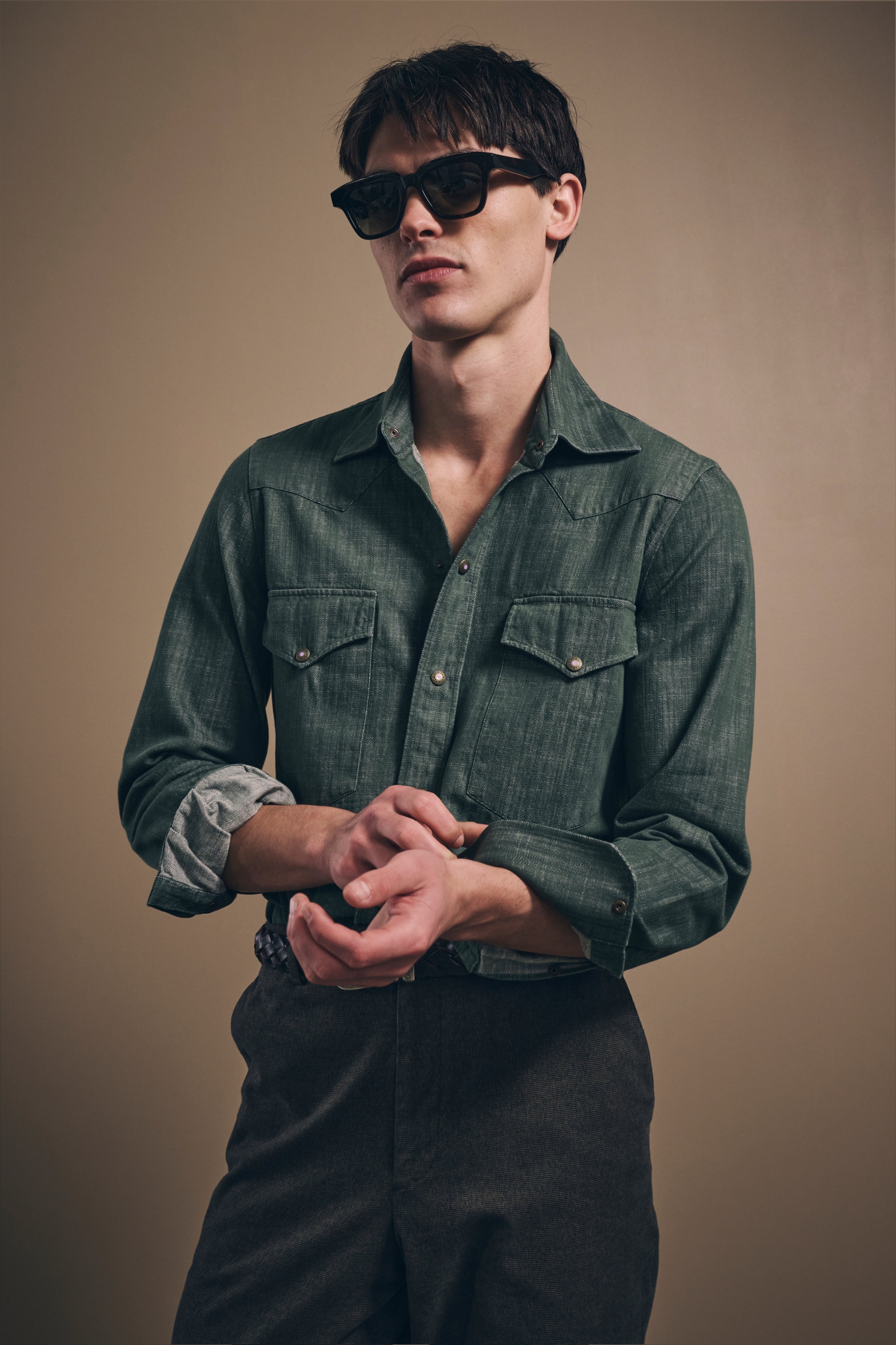 Naples Western Shirt - Italian Denim - Olive Green