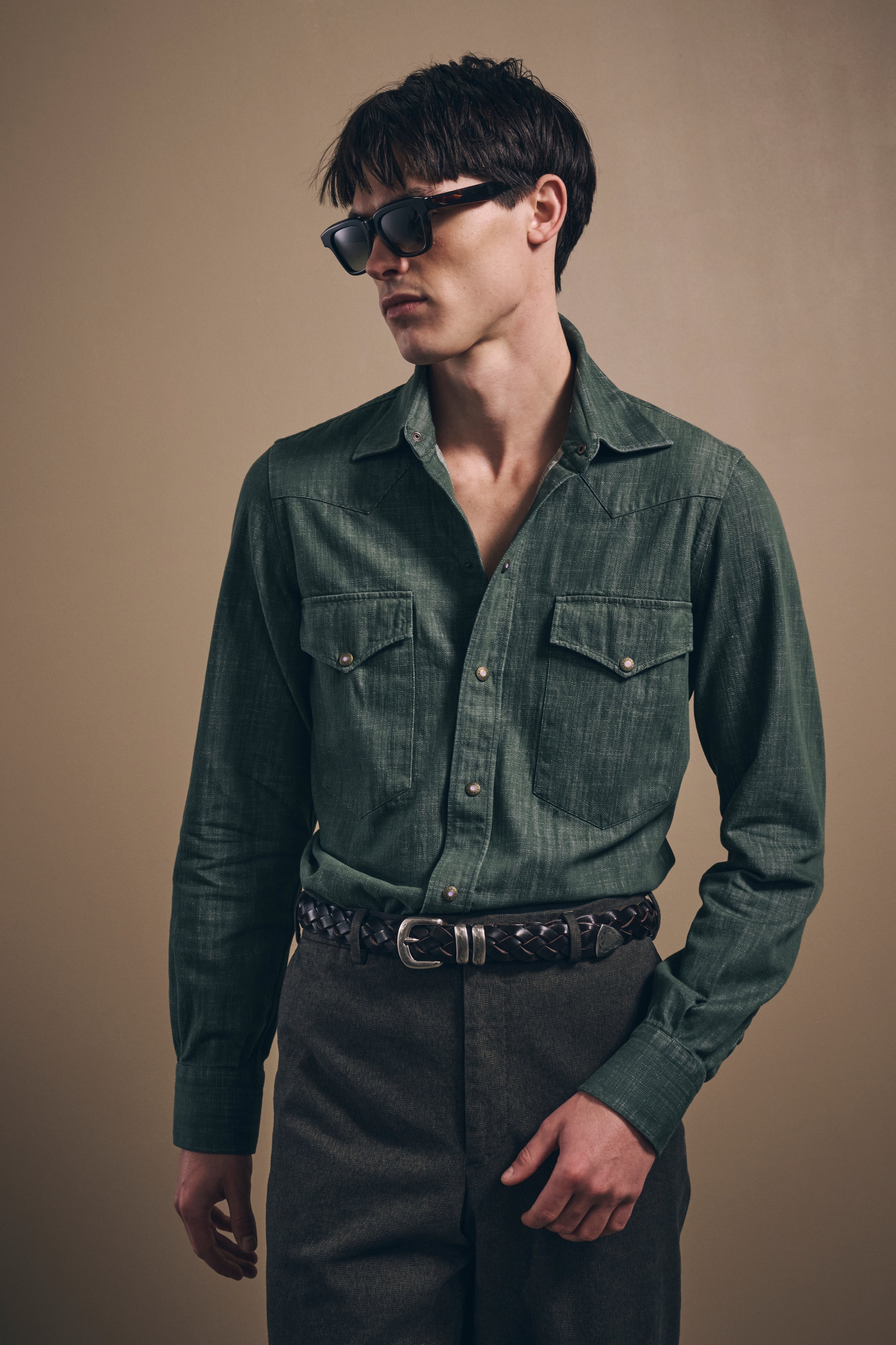 Naples Western Shirt - Italian Denim - Olive Green