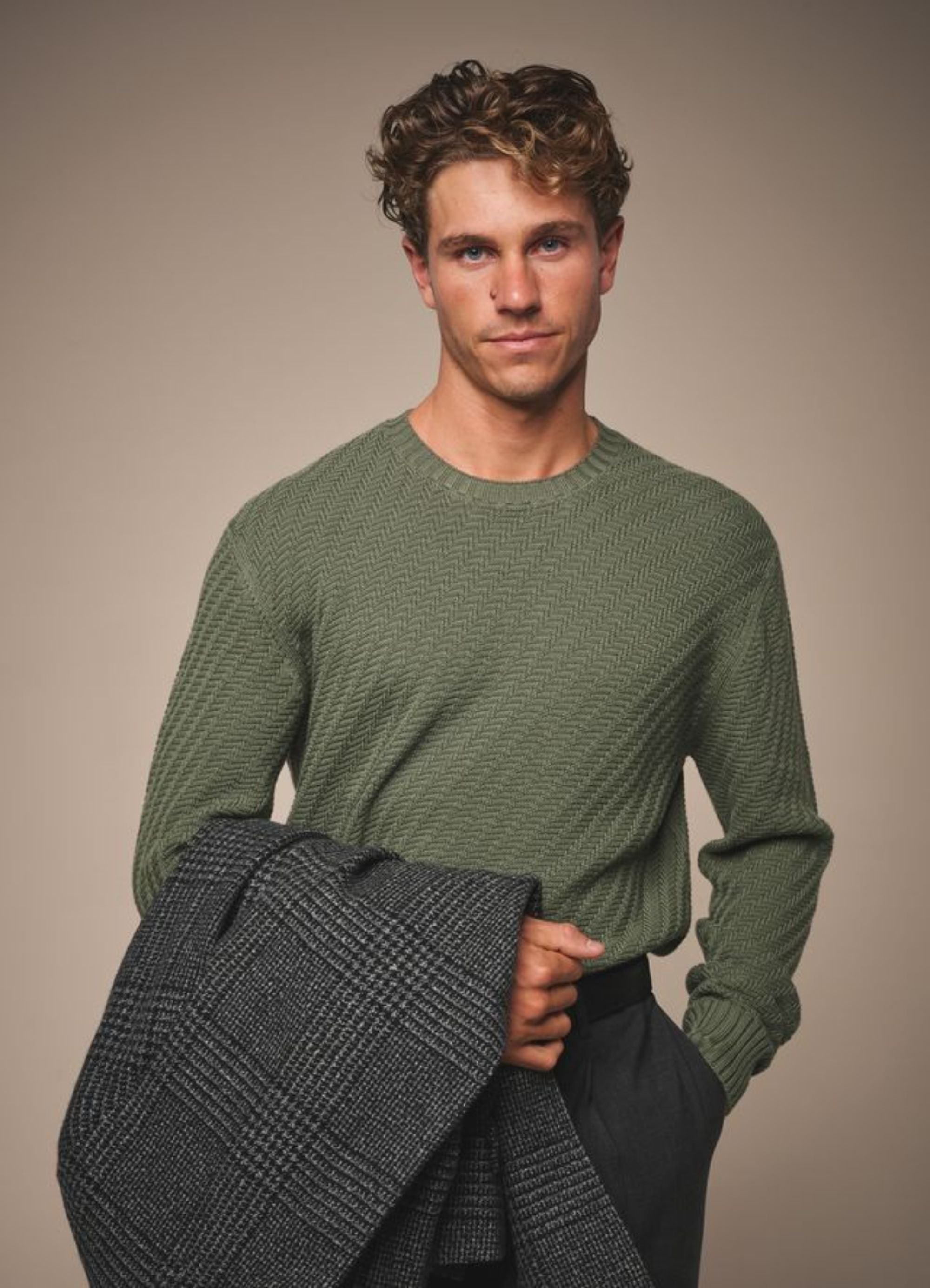 Basketweave Crew Neck Sweater - Wool - Olive Green