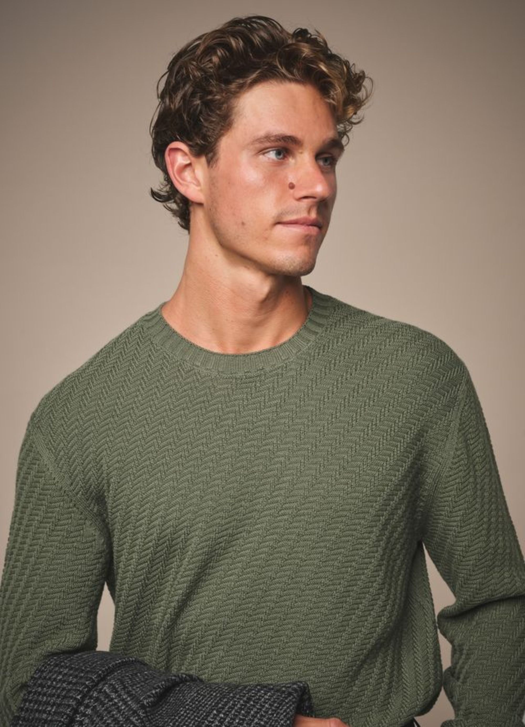 Basketweave Crew Neck Sweater - Wool - Olive Green