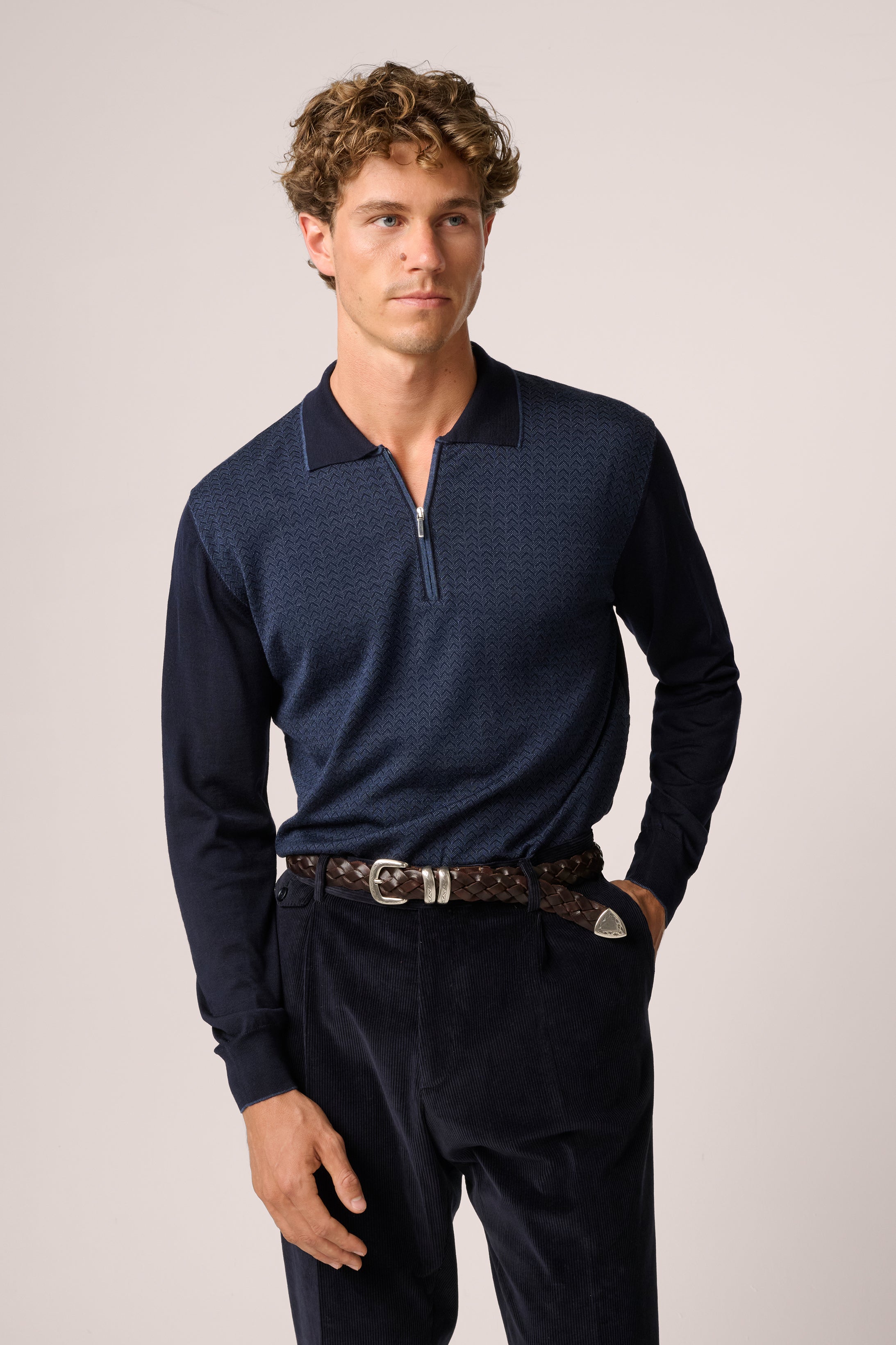 Chevron Quarter Zip Polo - Wool and Silk - Navy Blue
