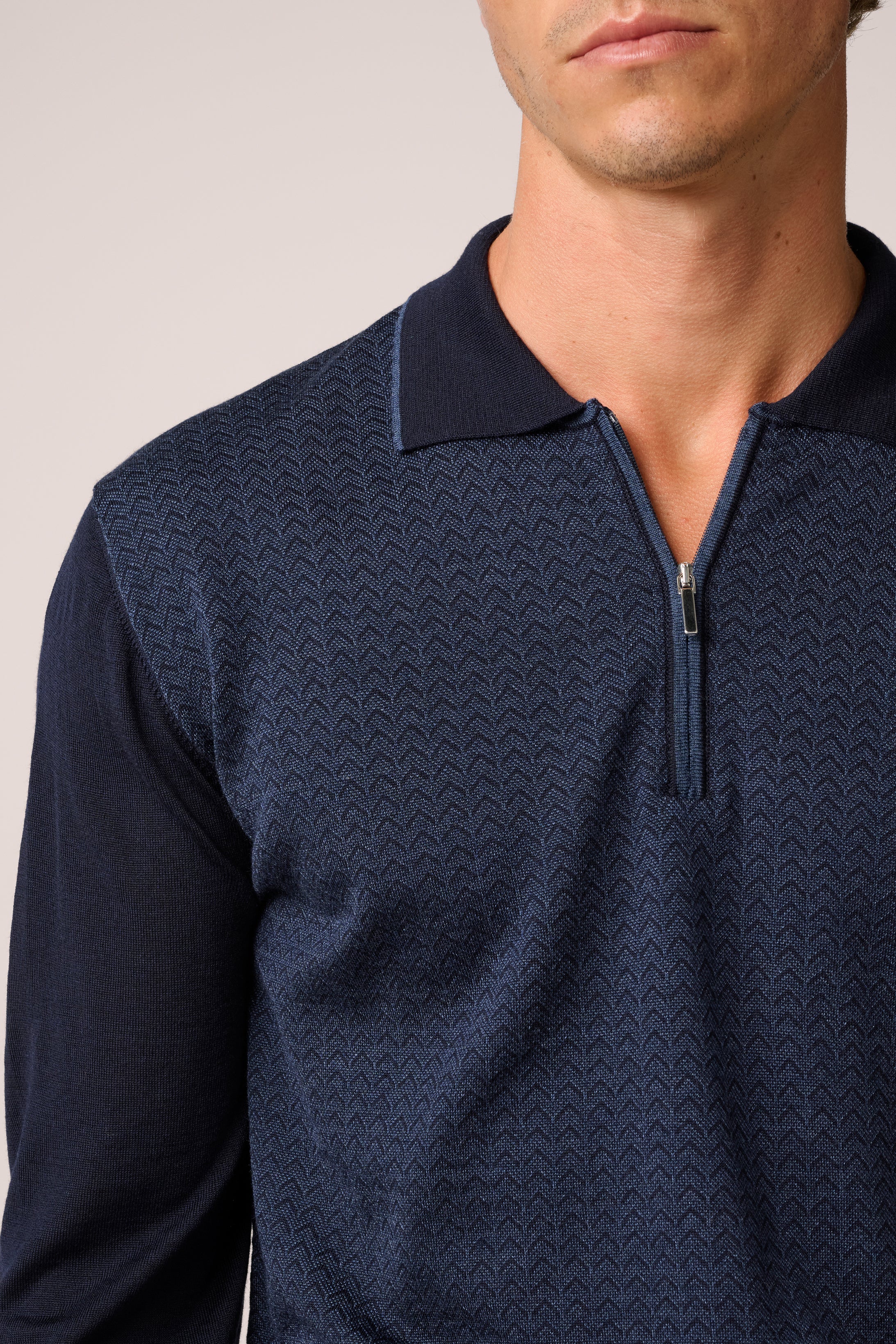 Chevron Quarter Zip Polo - Wool and Silk - Navy Blue