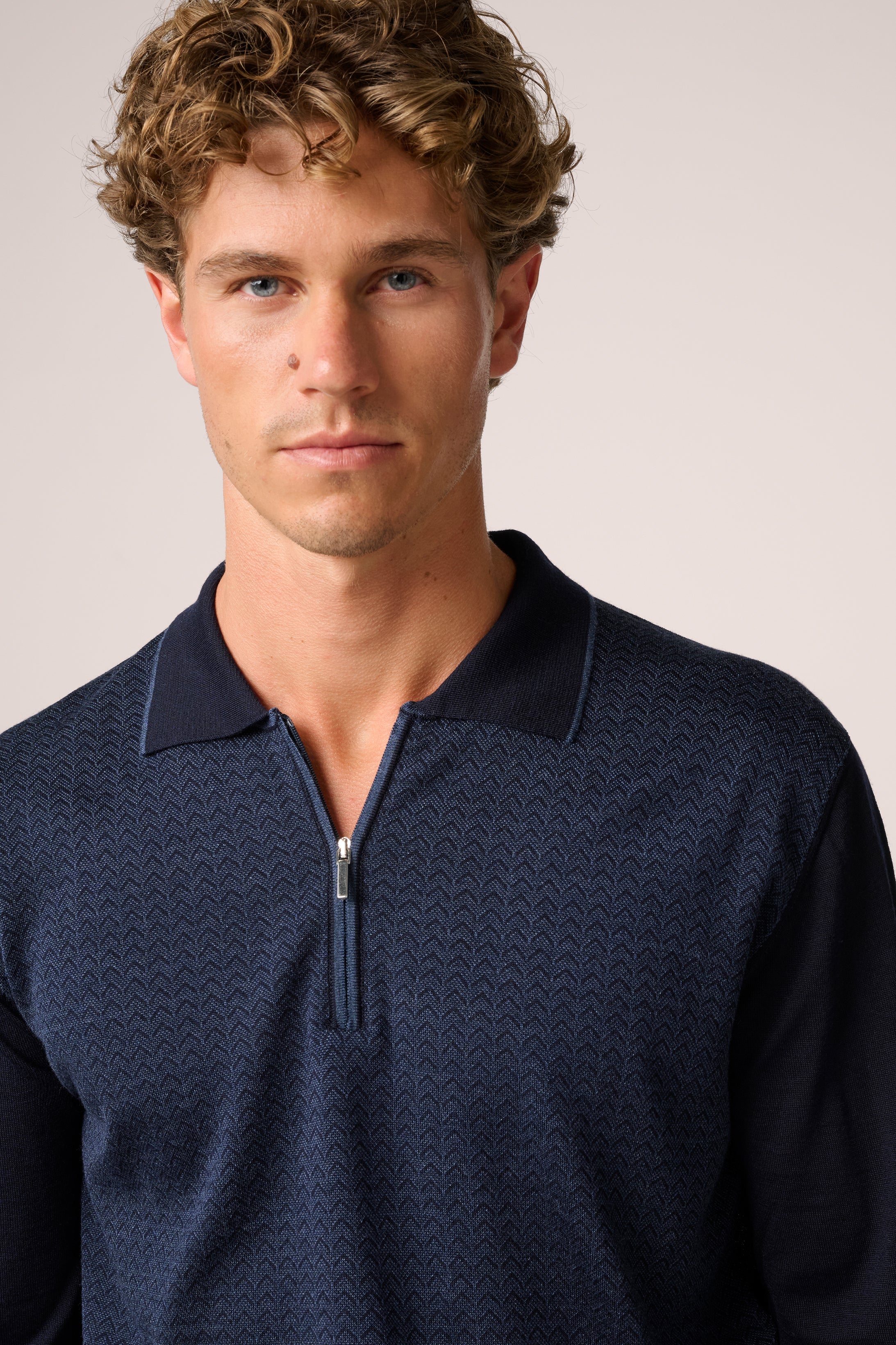 Chevron Quarter Zip Polo - Wool and Silk - Navy Blue